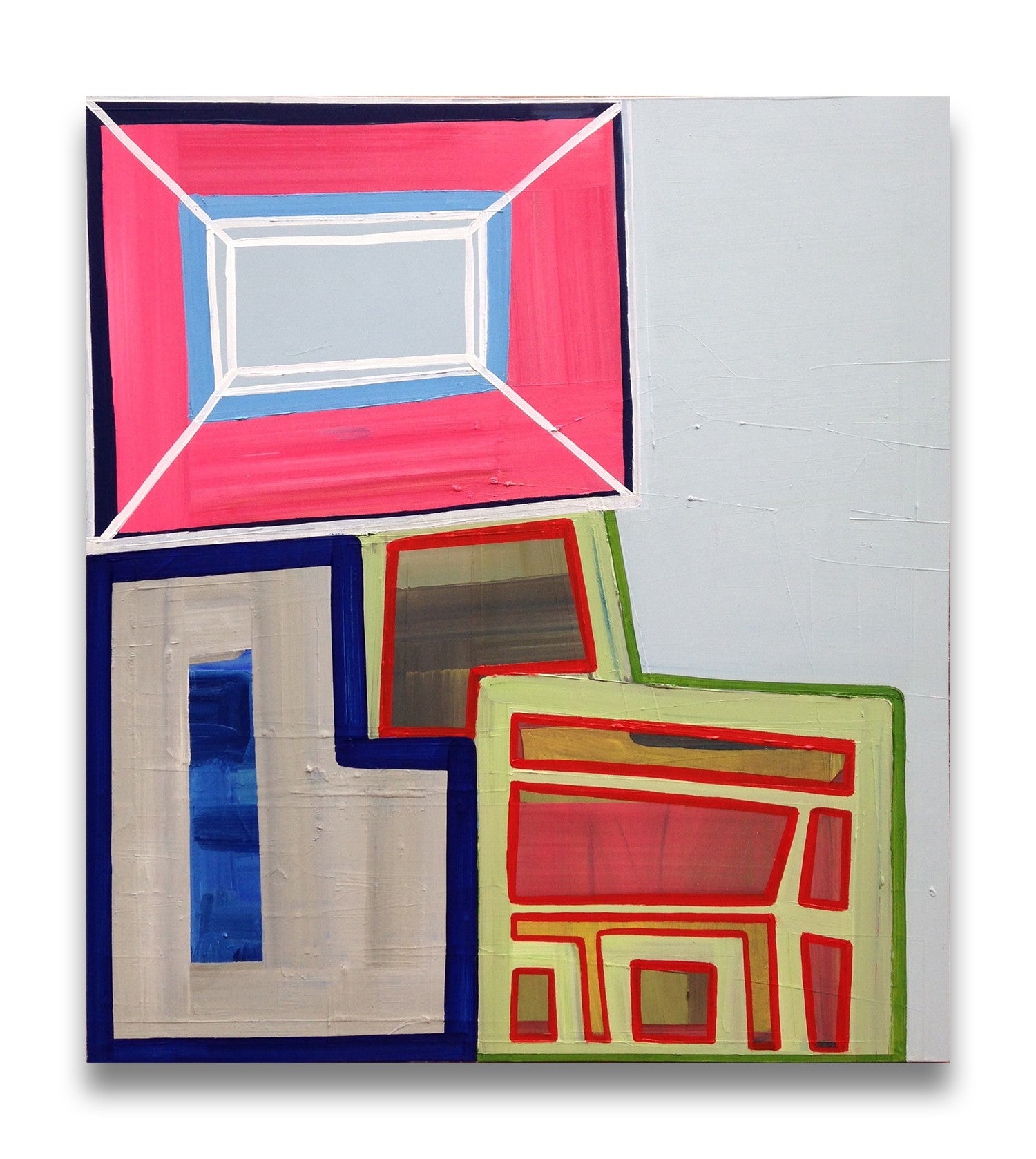 A painting on a white wall with a red, blue, and green design.