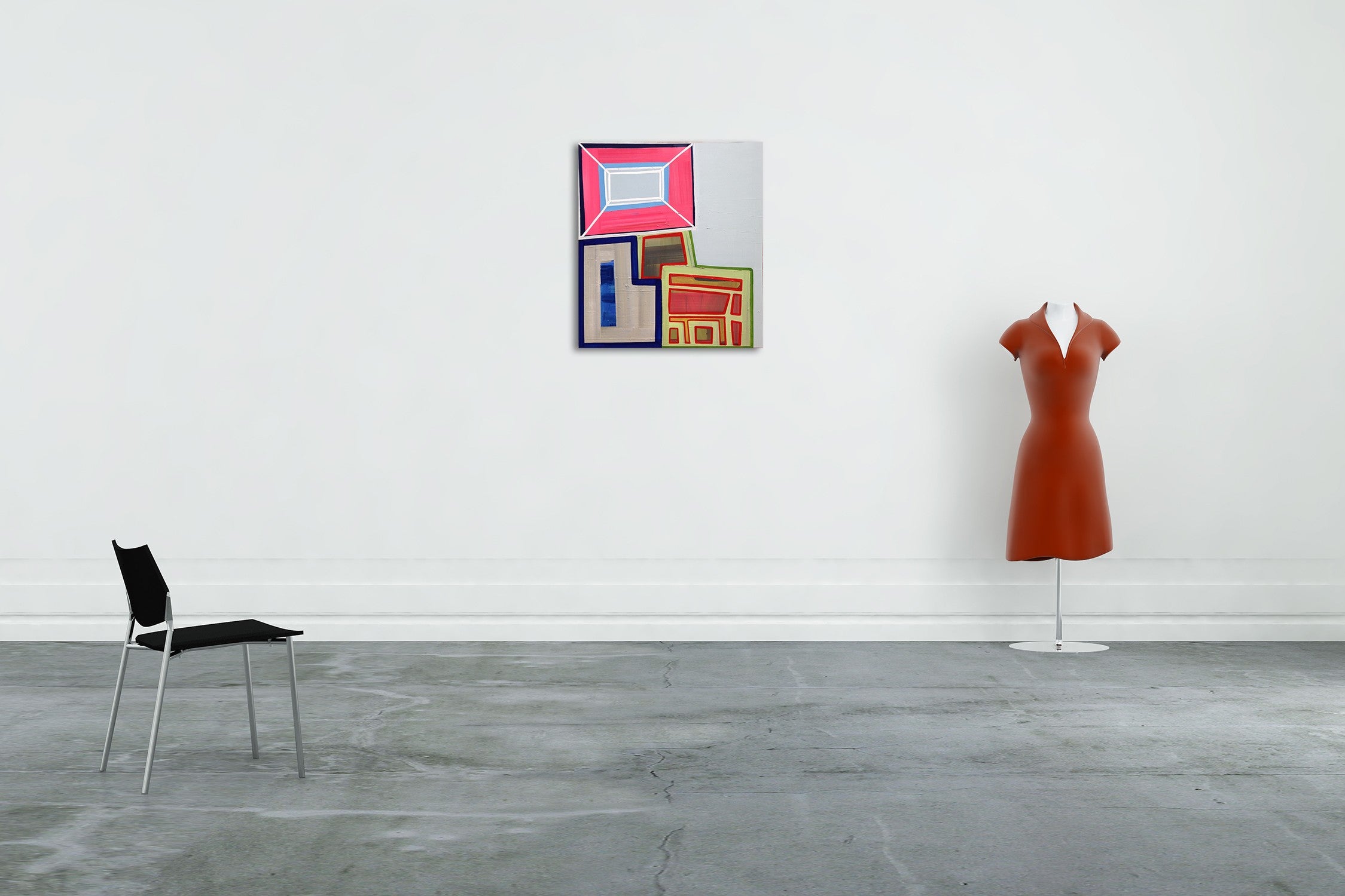 A painting on a white wall with a red, blue, and green design.