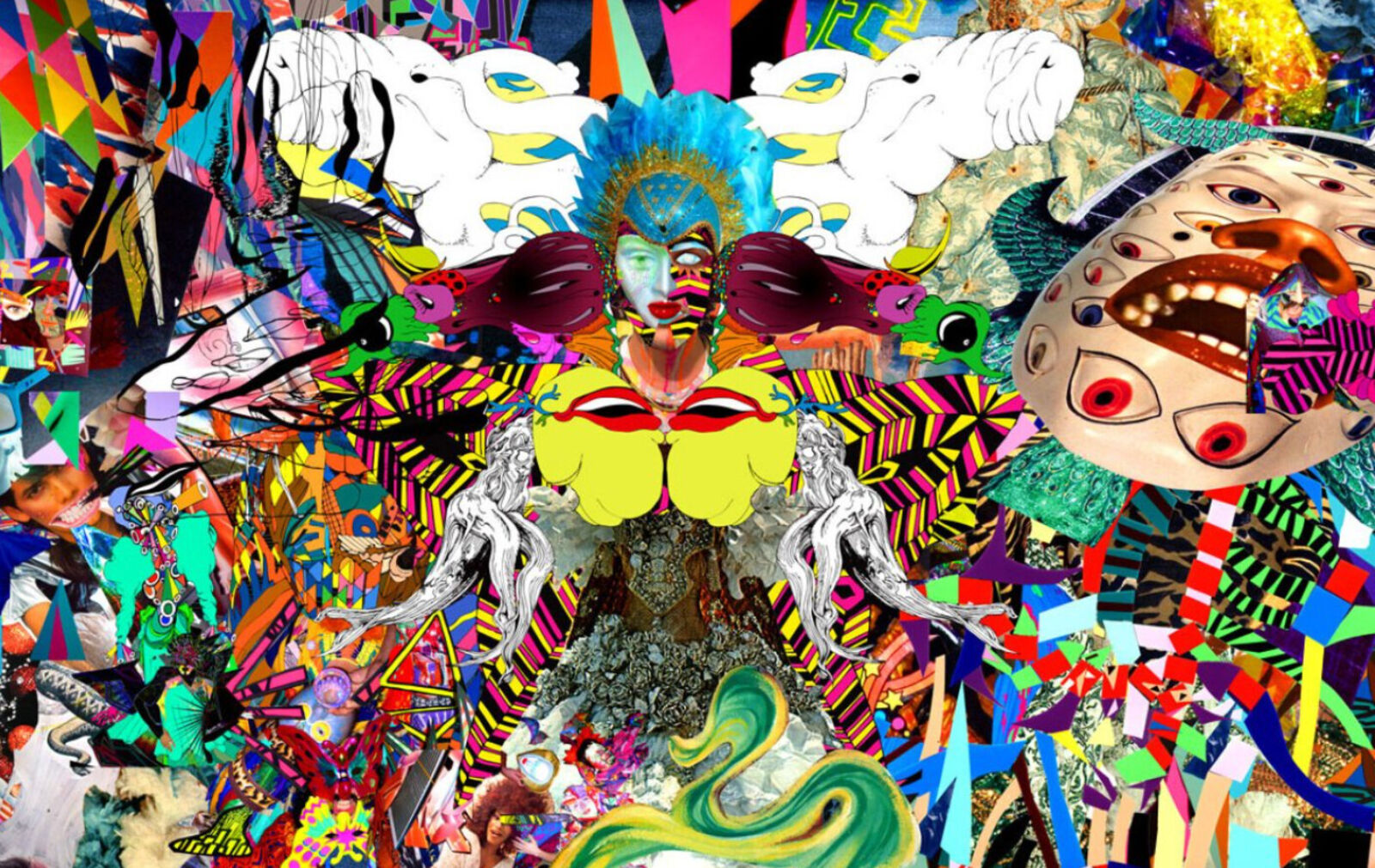 A collage of many different colored masks on a wall.