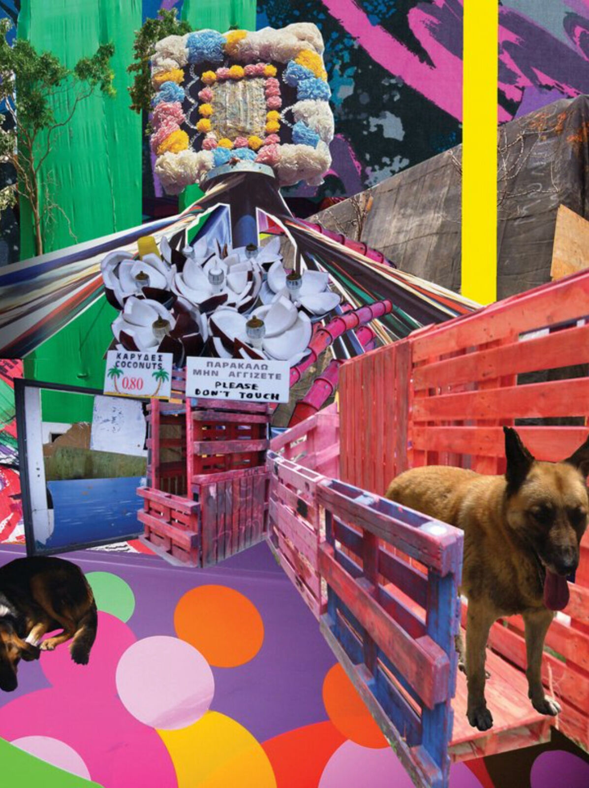 A collage of a dog standing in front of a colorful building.