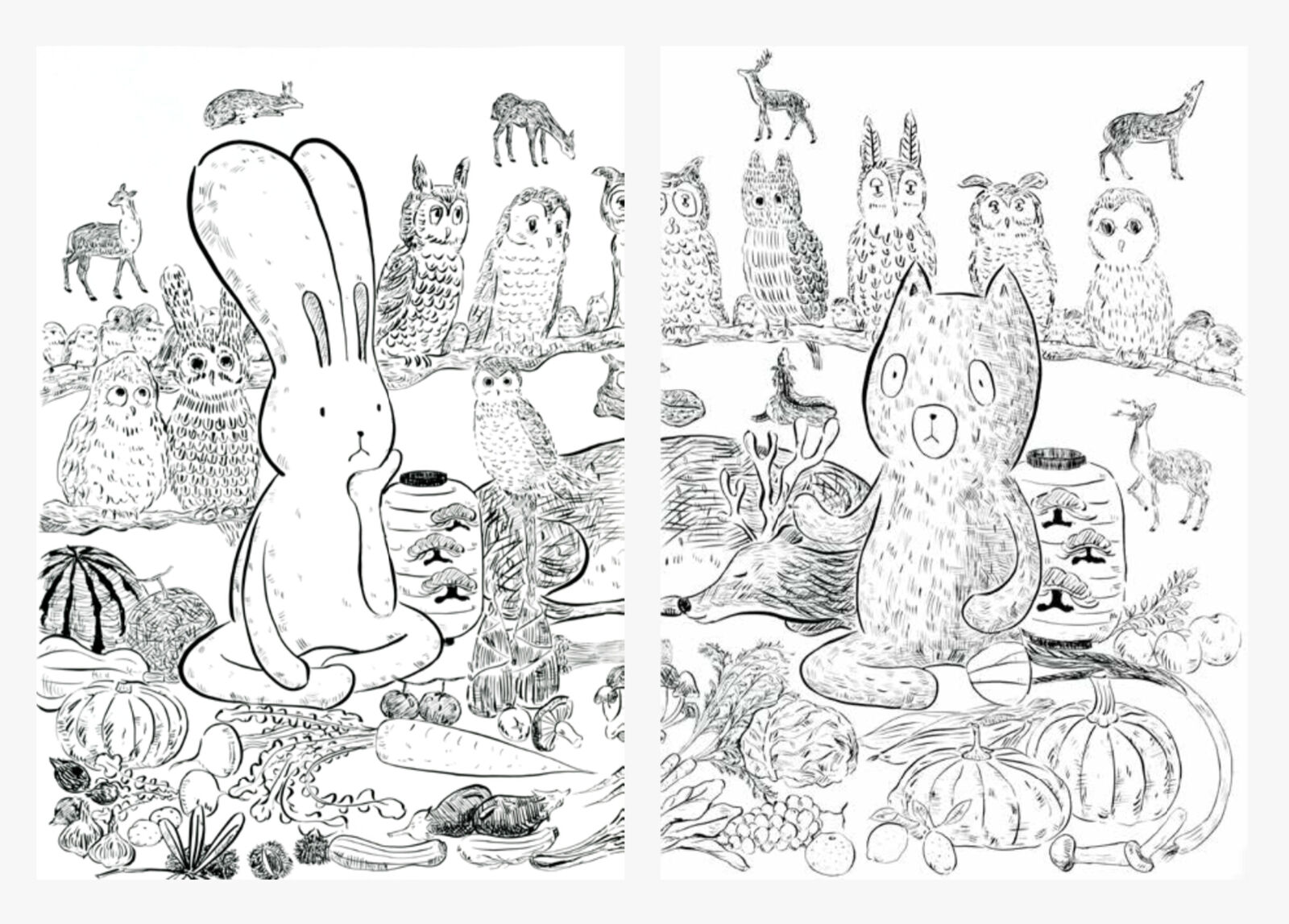 A black and white illustration of a rabbit surrounded by animals.