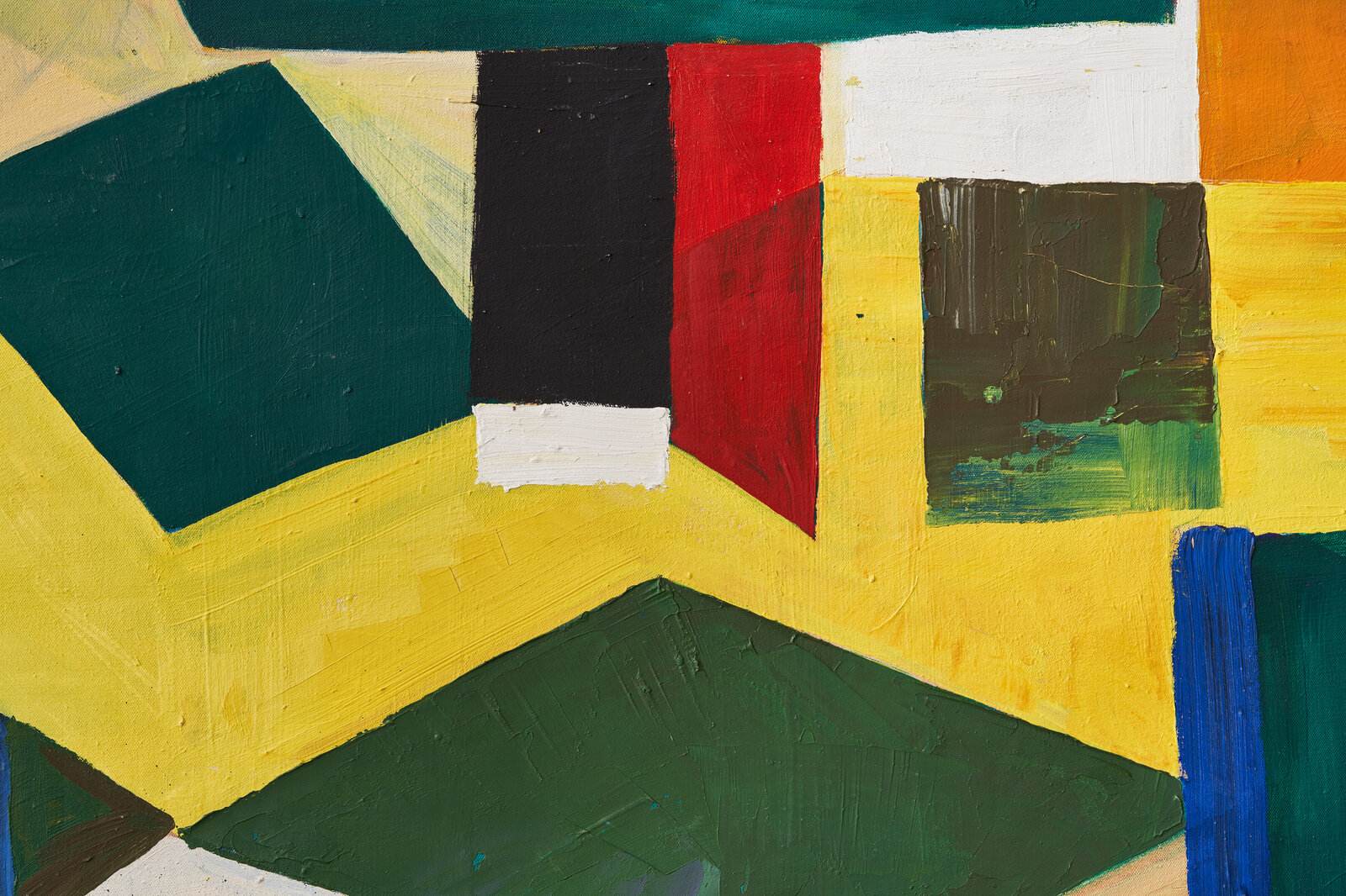 A vibrant abstract painting featuring bold geometric shapes and a dynamic color palette.