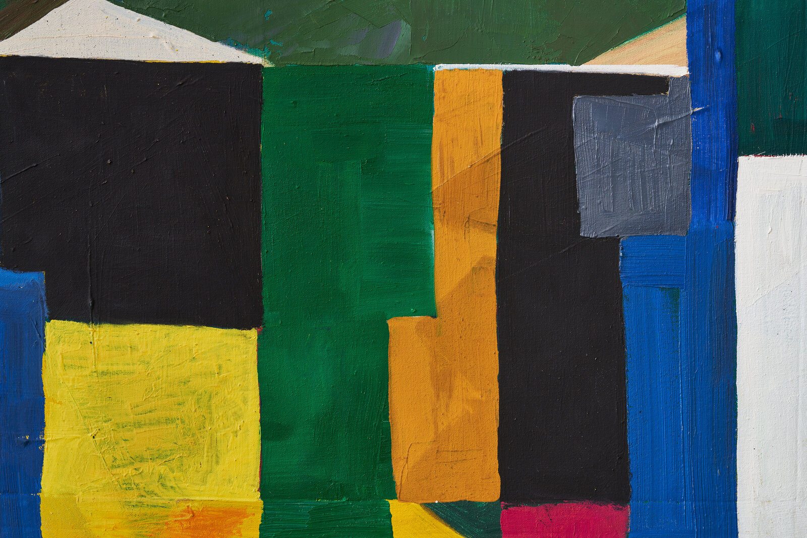 A vibrant abstract painting featuring bold geometric shapes and a dynamic color palette.