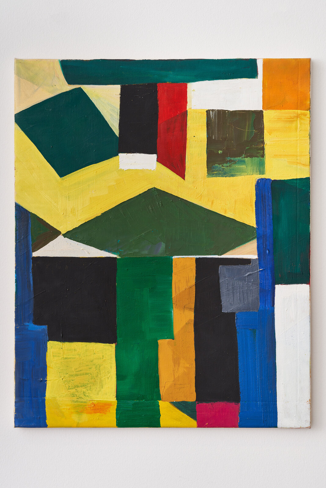 A vibrant abstract painting featuring bold geometric shapes and a dynamic color palette.