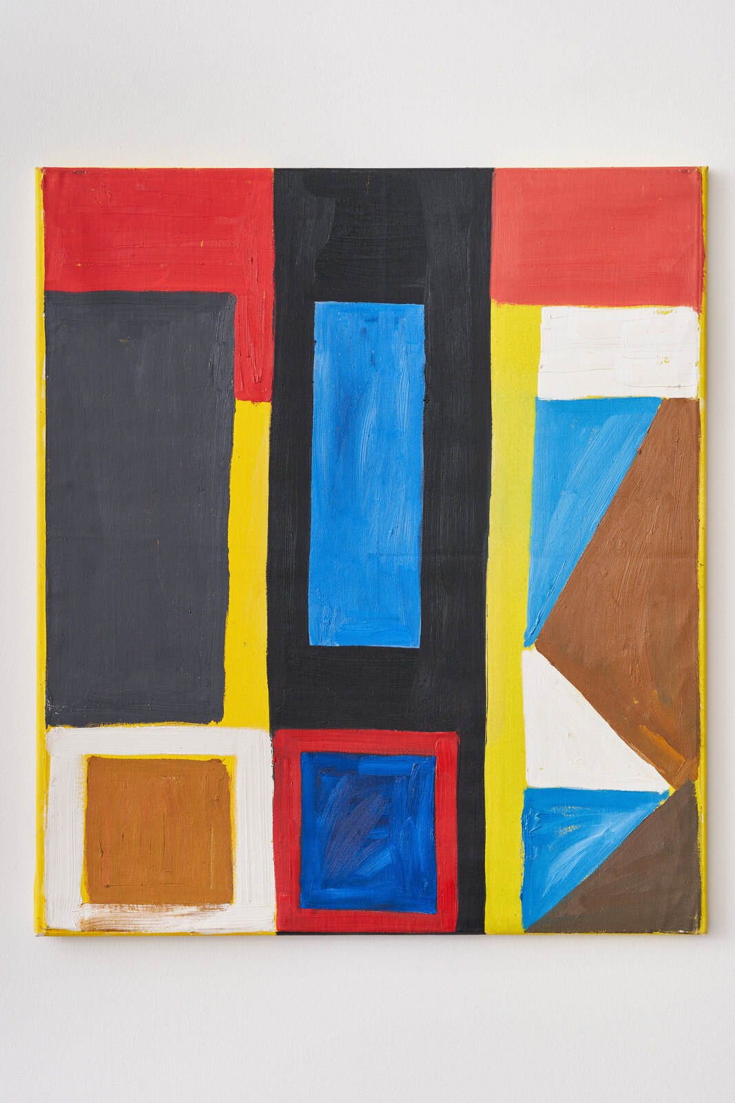 A vibrant abstract painting featuring bold geometric shapes and a dynamic color palette.