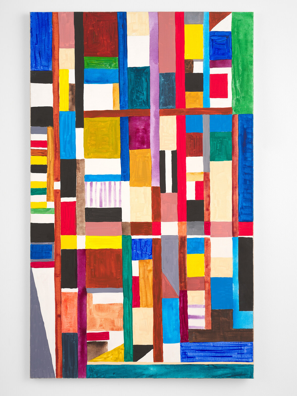 A vibrant abstract painting featuring a grid of colorful geometric shapes.