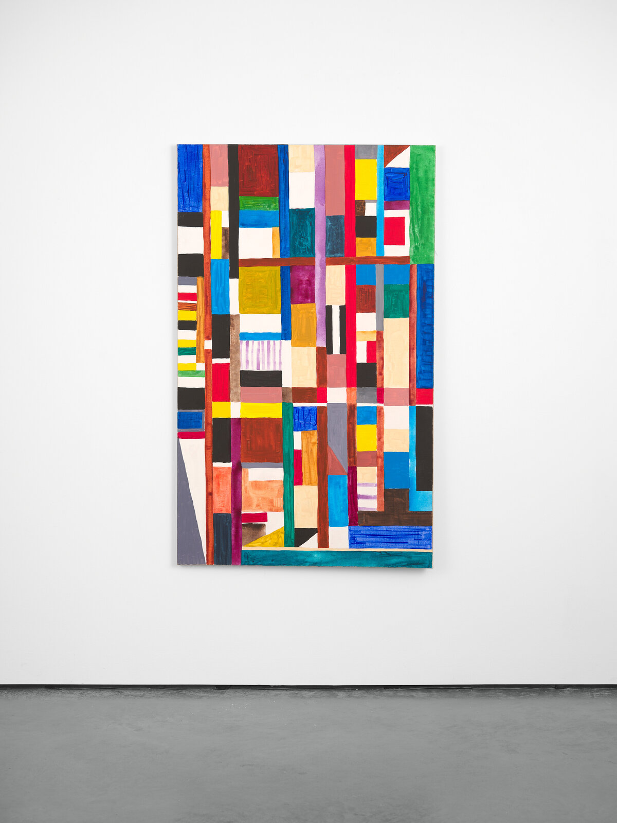 A vibrant abstract painting featuring a grid of colorful geometric shapes.