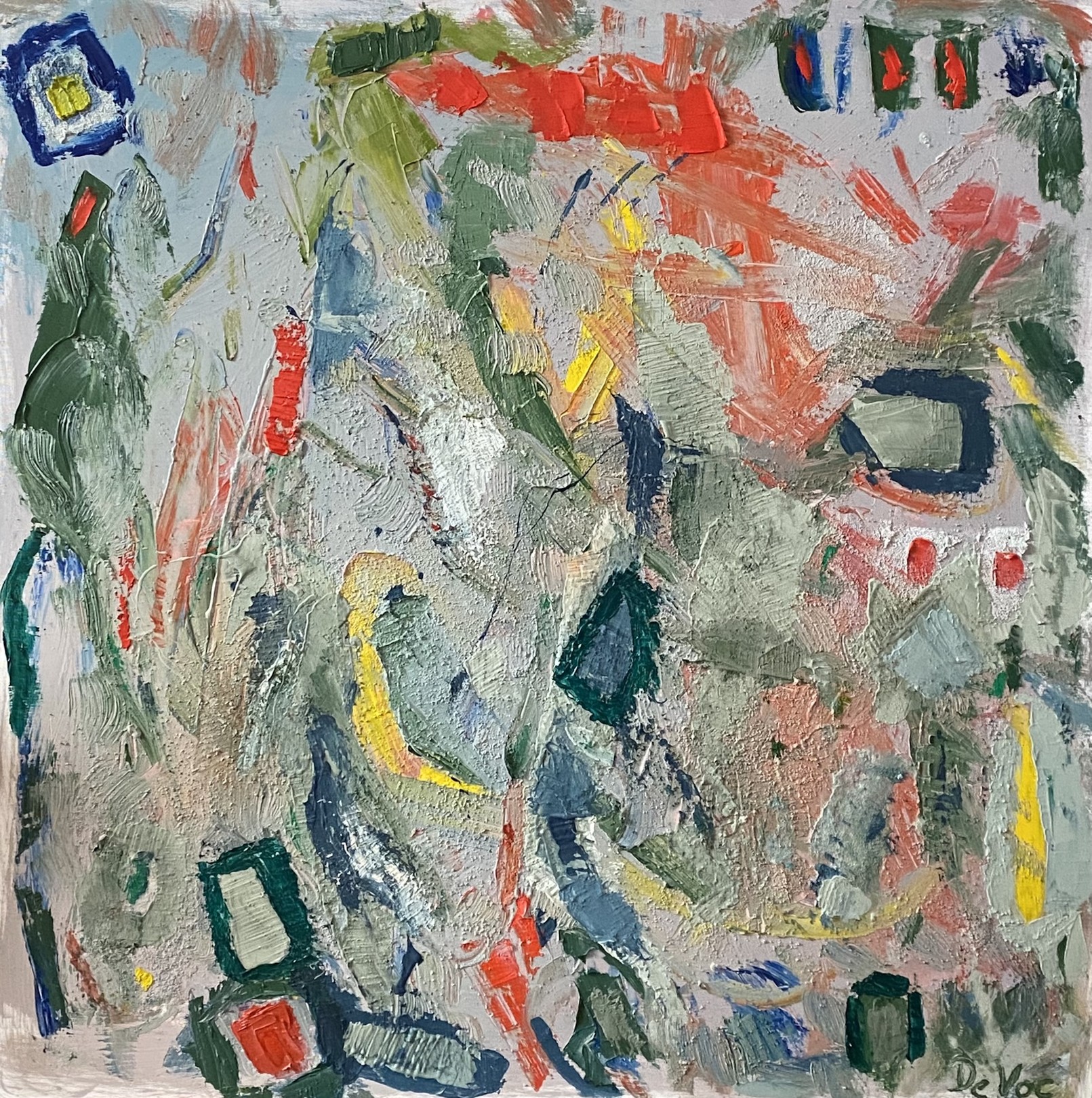 A painting of a vase of flowers on a table.