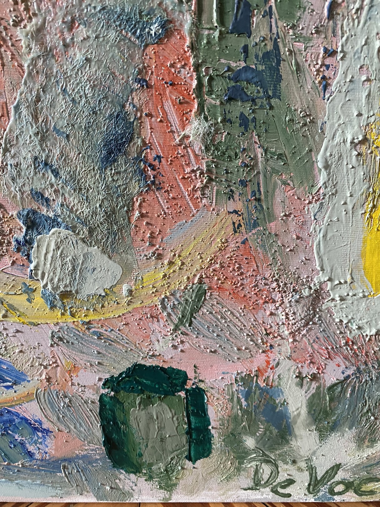 A painting of a vase of flowers on a table.