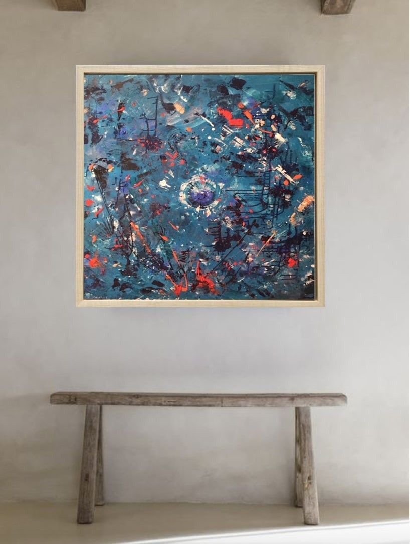 A painting hanging on a wall in a room.