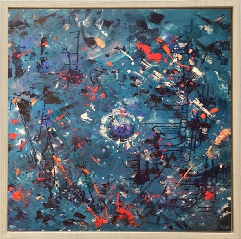 A painting hanging on a wall in a room.