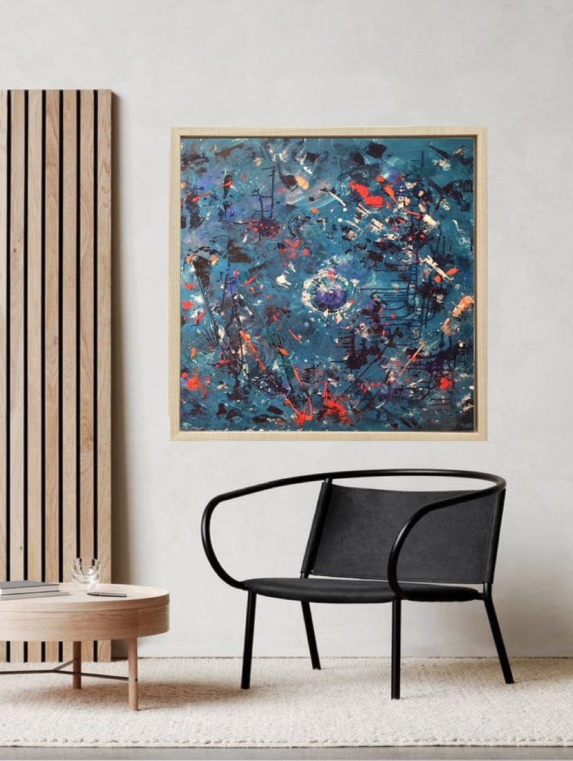 A painting hanging on a wall in a room.