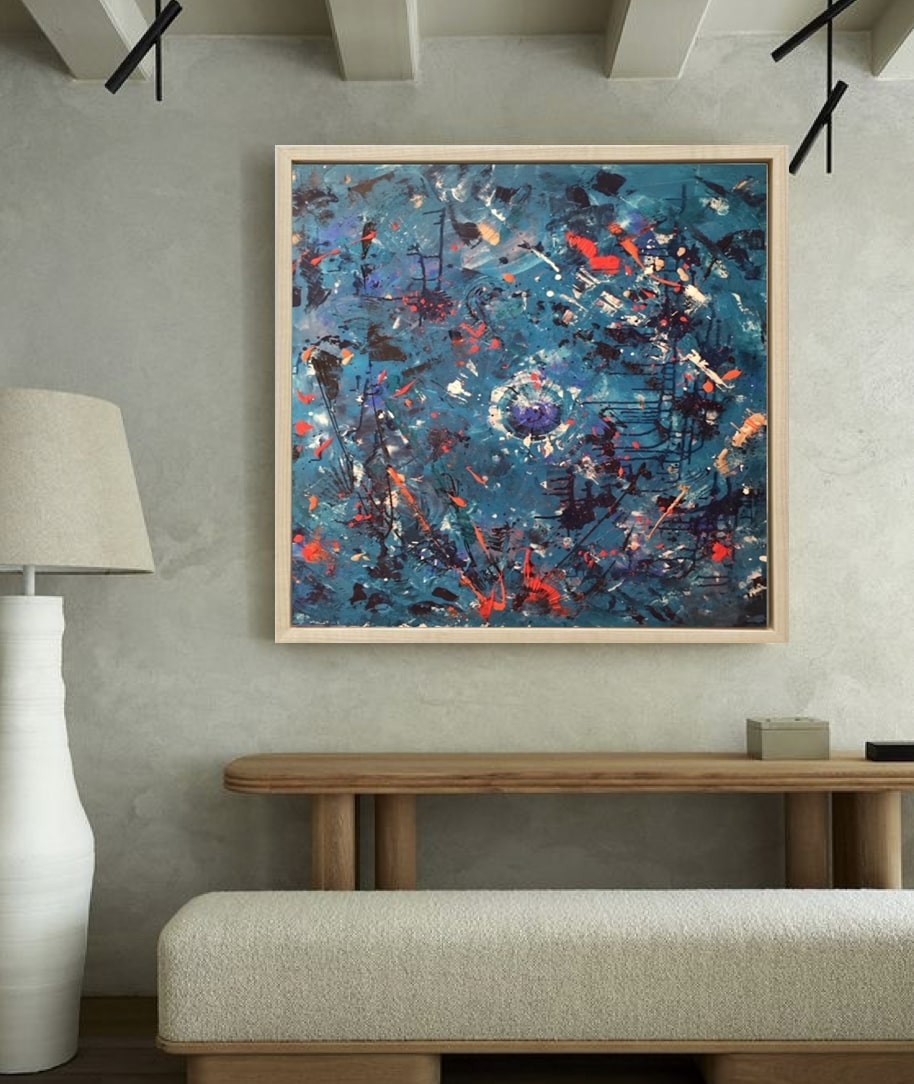A painting hanging on a wall in a room.