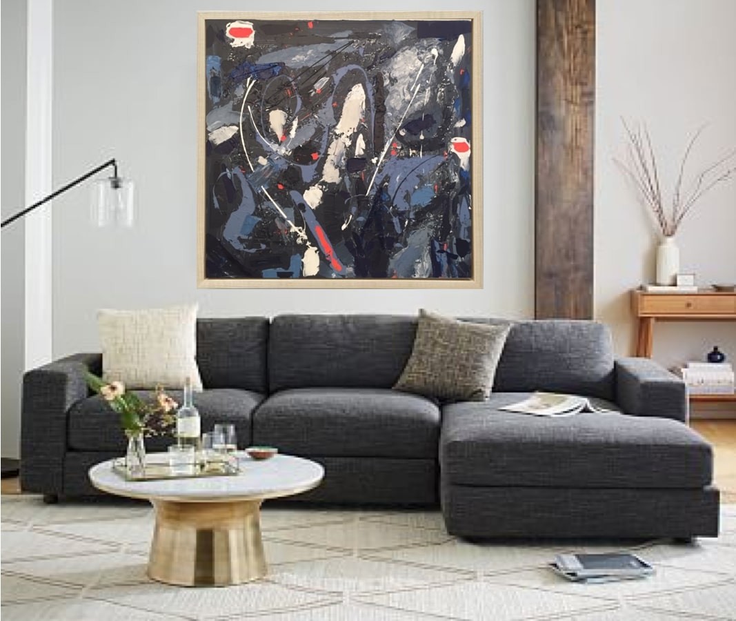 A painting hanging on a wall in a room.