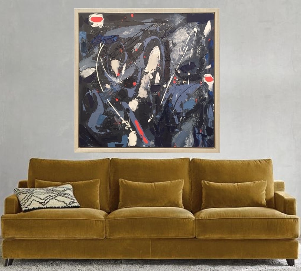 A painting hanging on a wall in a room.