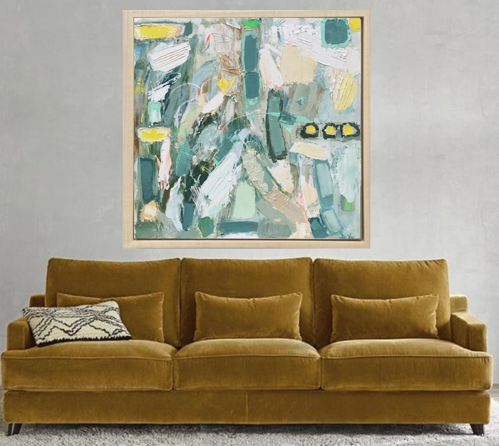 A painting hanging on a wall in a room.