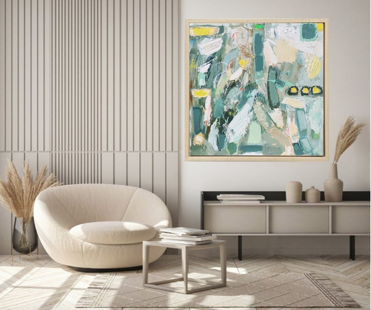 A painting hanging on a wall in a room.