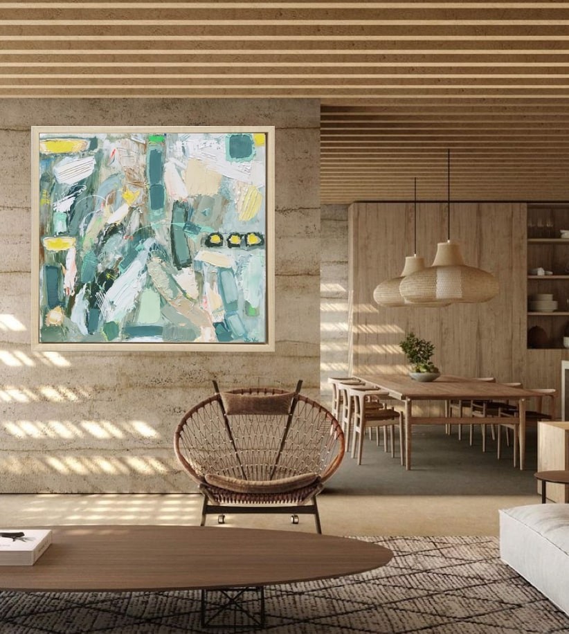 A painting hanging on a wall in a room.