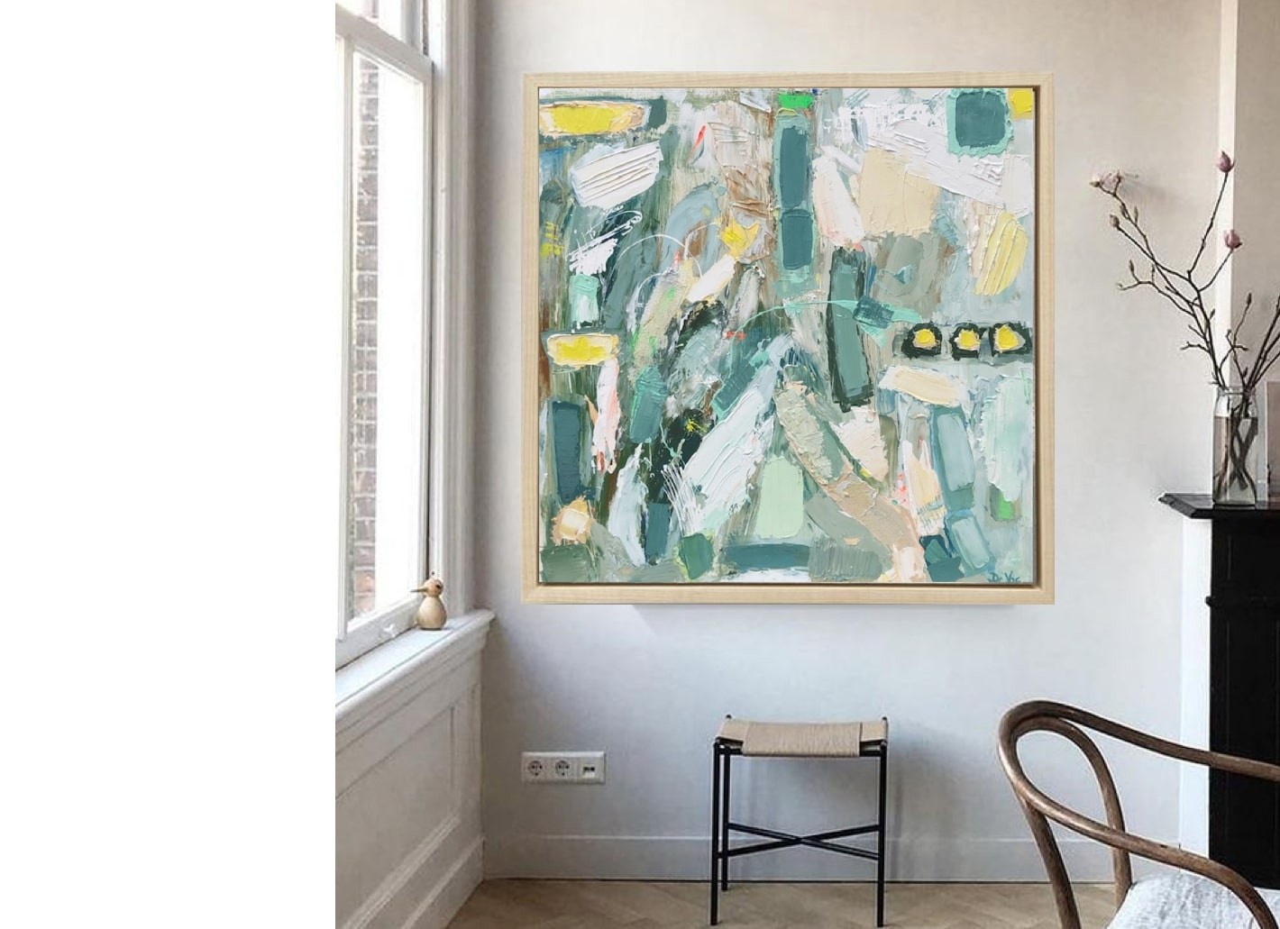 A painting hanging on a wall in a room.