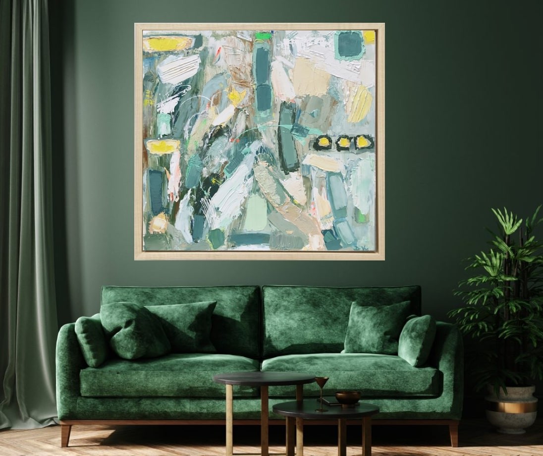 A painting hanging on a wall in a room.