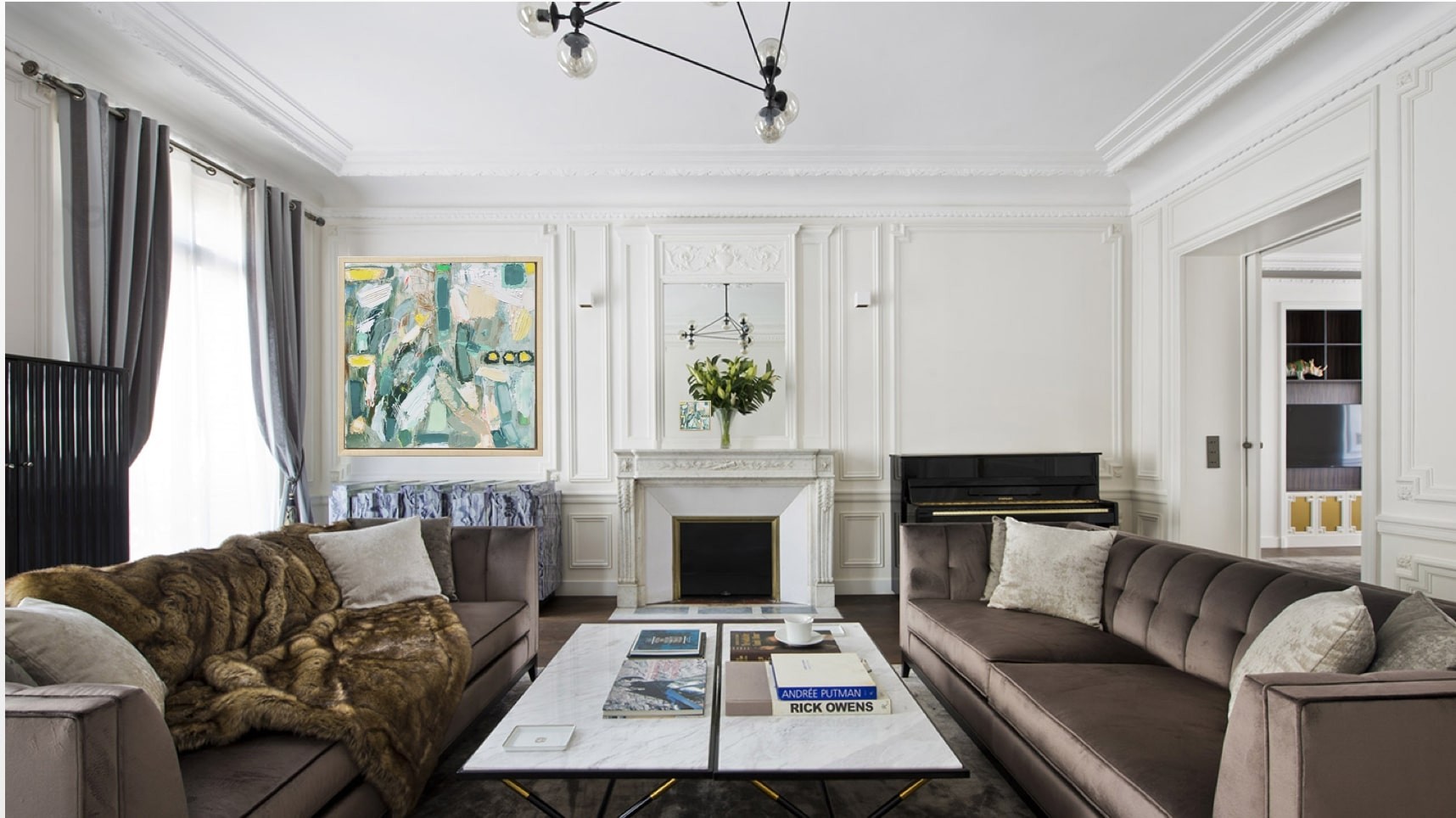A painting hanging on a wall in a room.