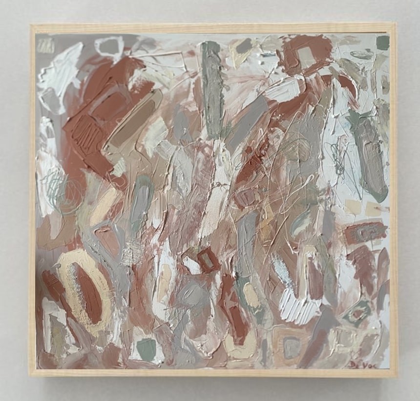 A painting with a wooden frame on a white wall.
