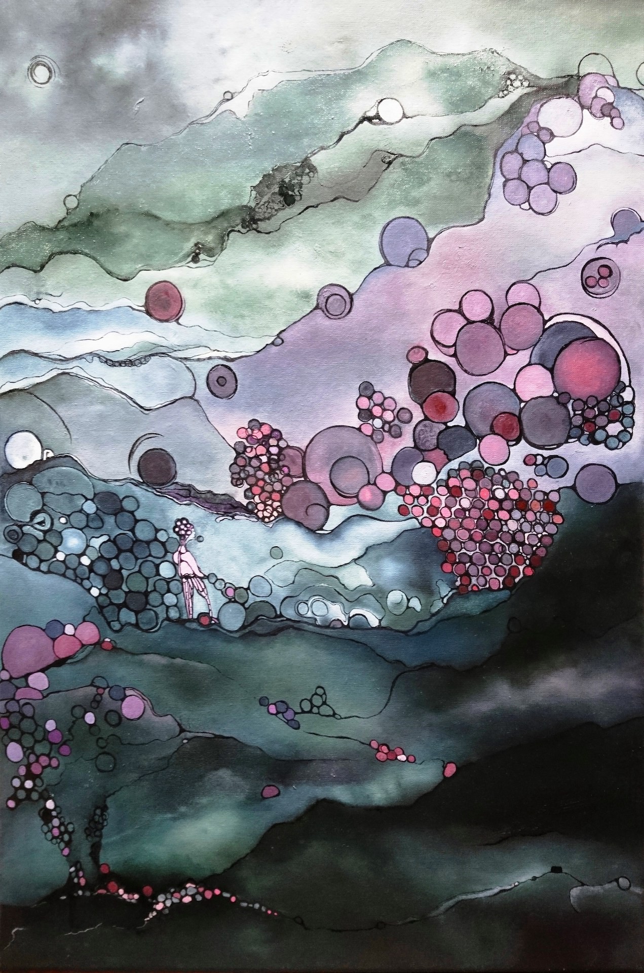 A painting of a person standing on top of a mountain.