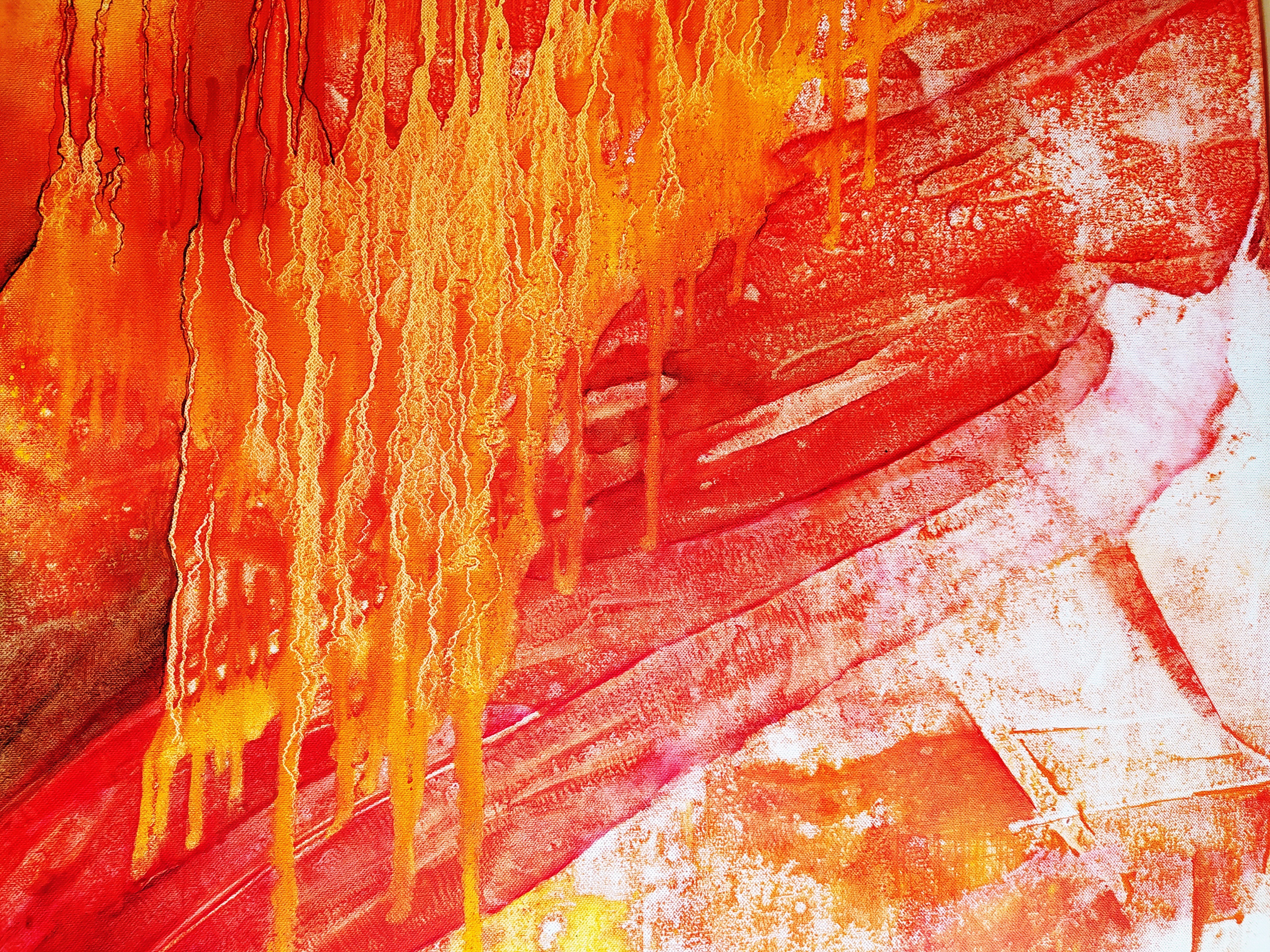 A painting of a red and yellow abstract painting on a wall.
