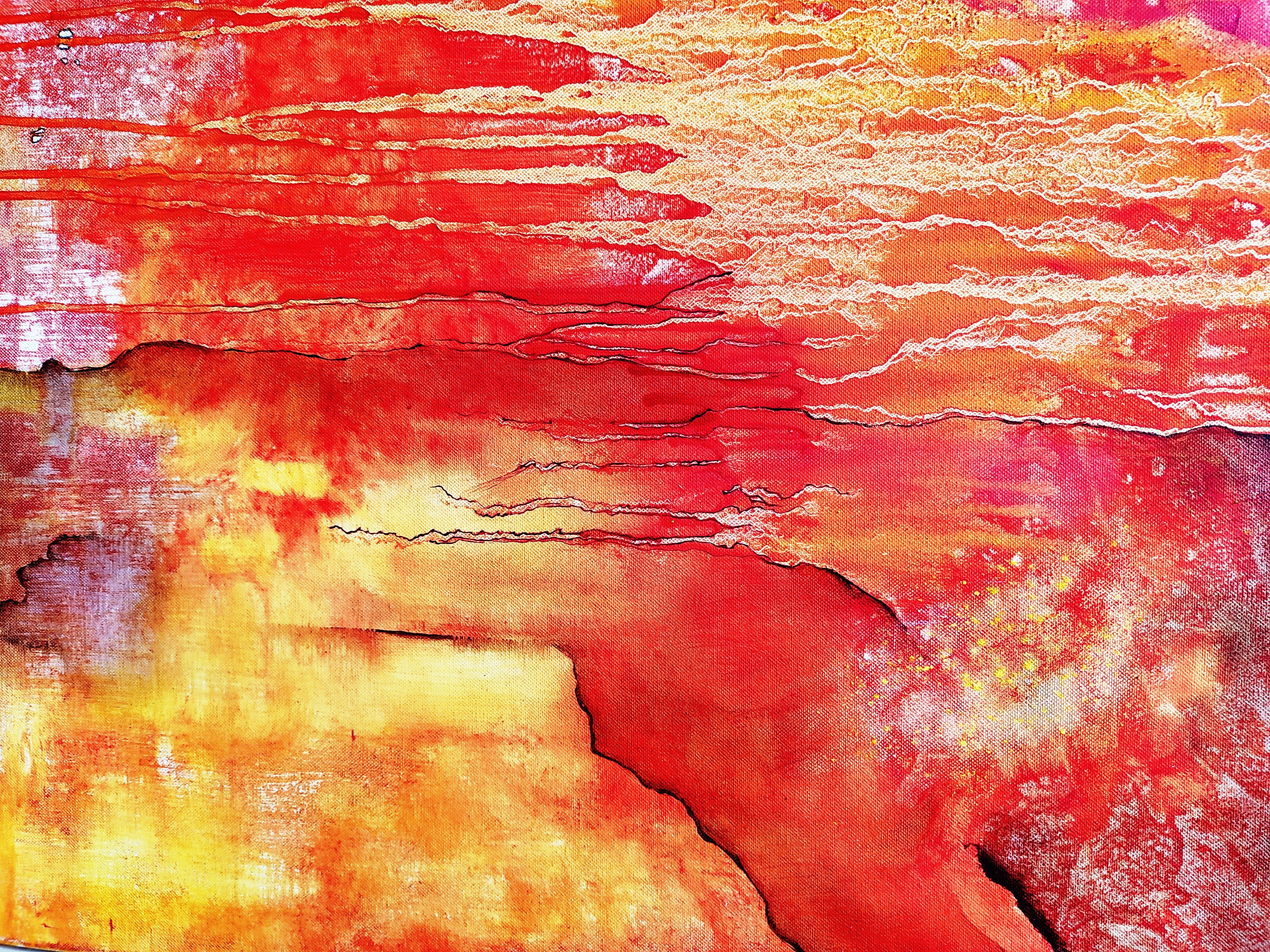 A painting of a red and yellow abstract painting on a wall.