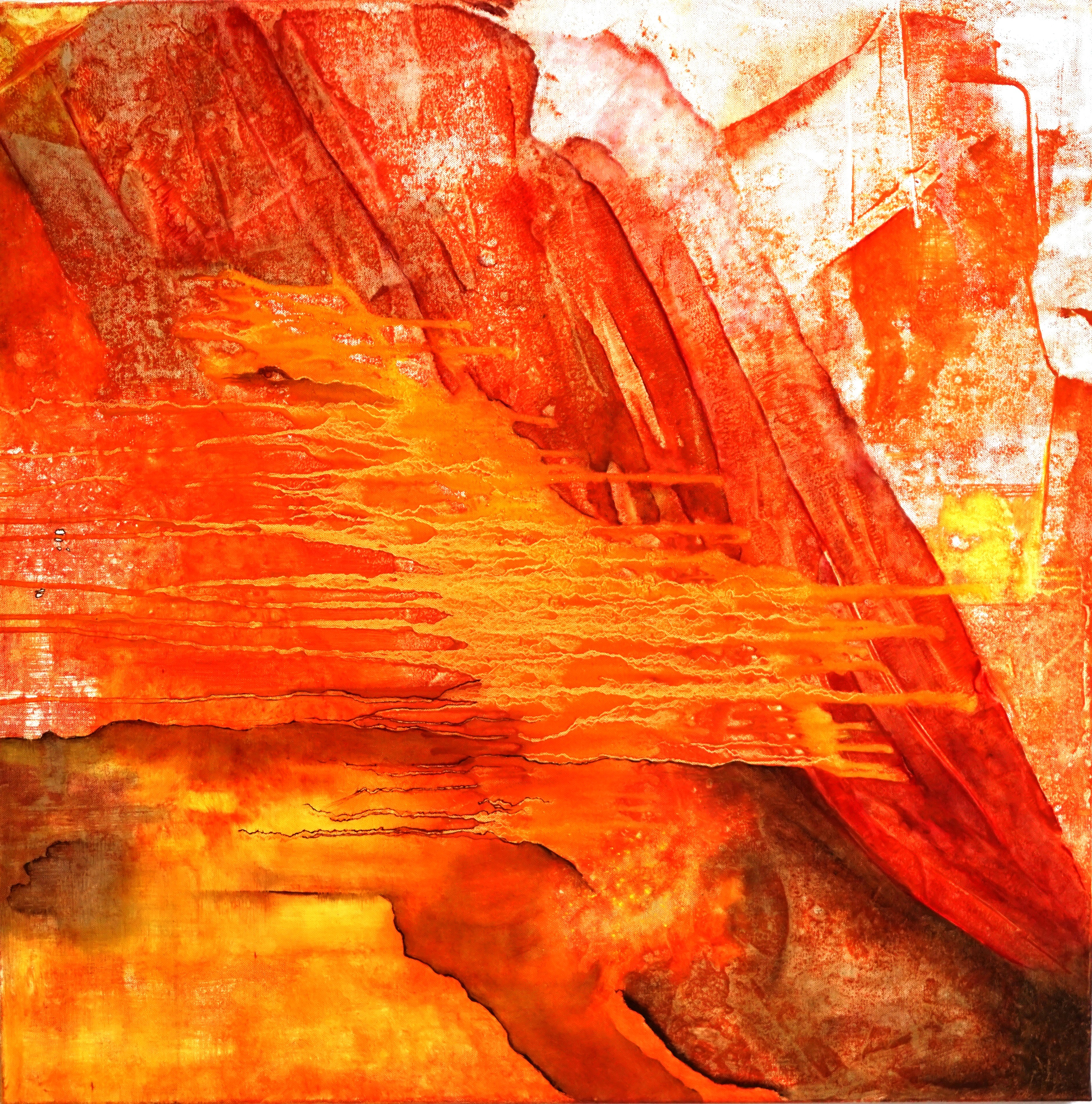 A painting of a red and yellow abstract painting on a wall.