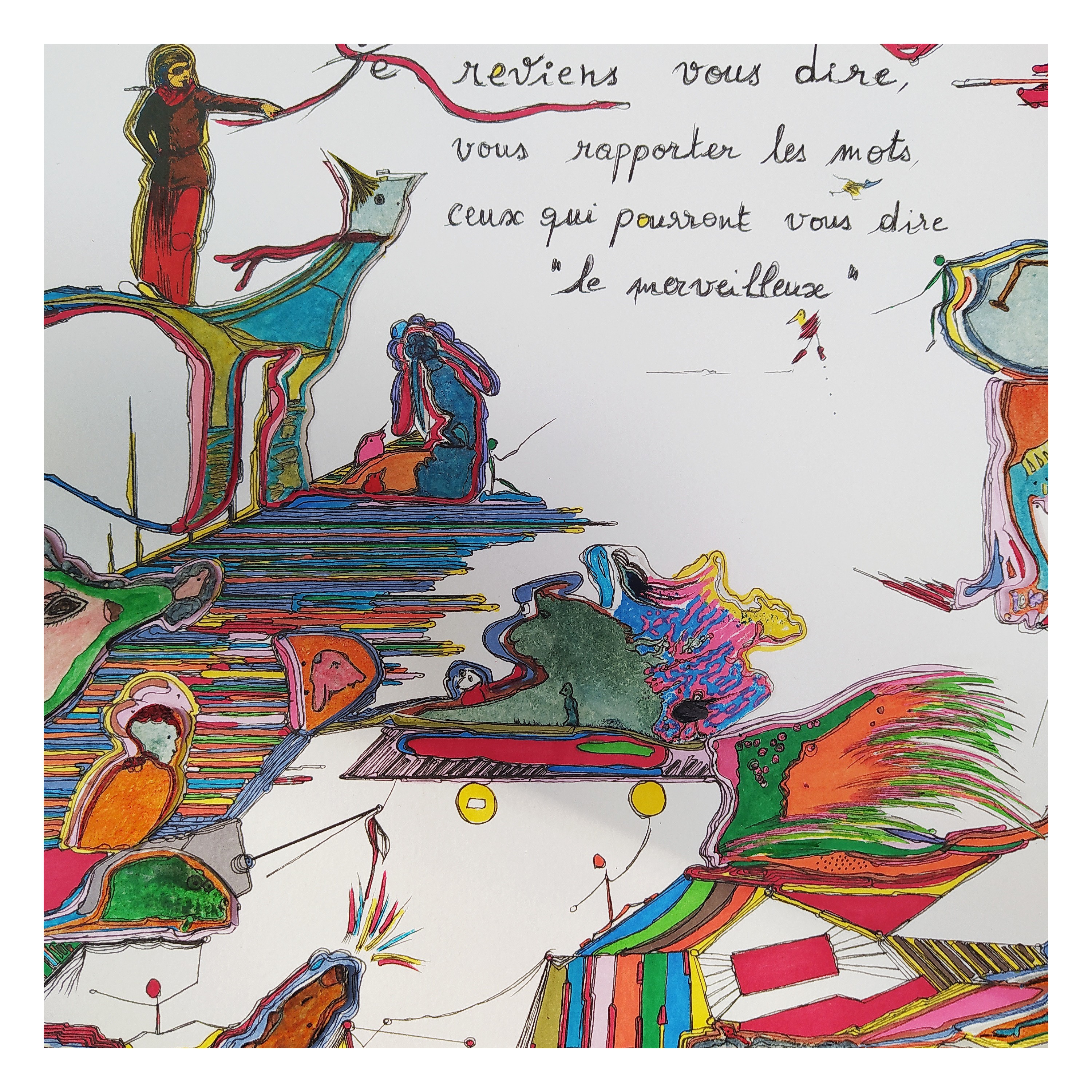 A colorful drawing of a group of people in a room.