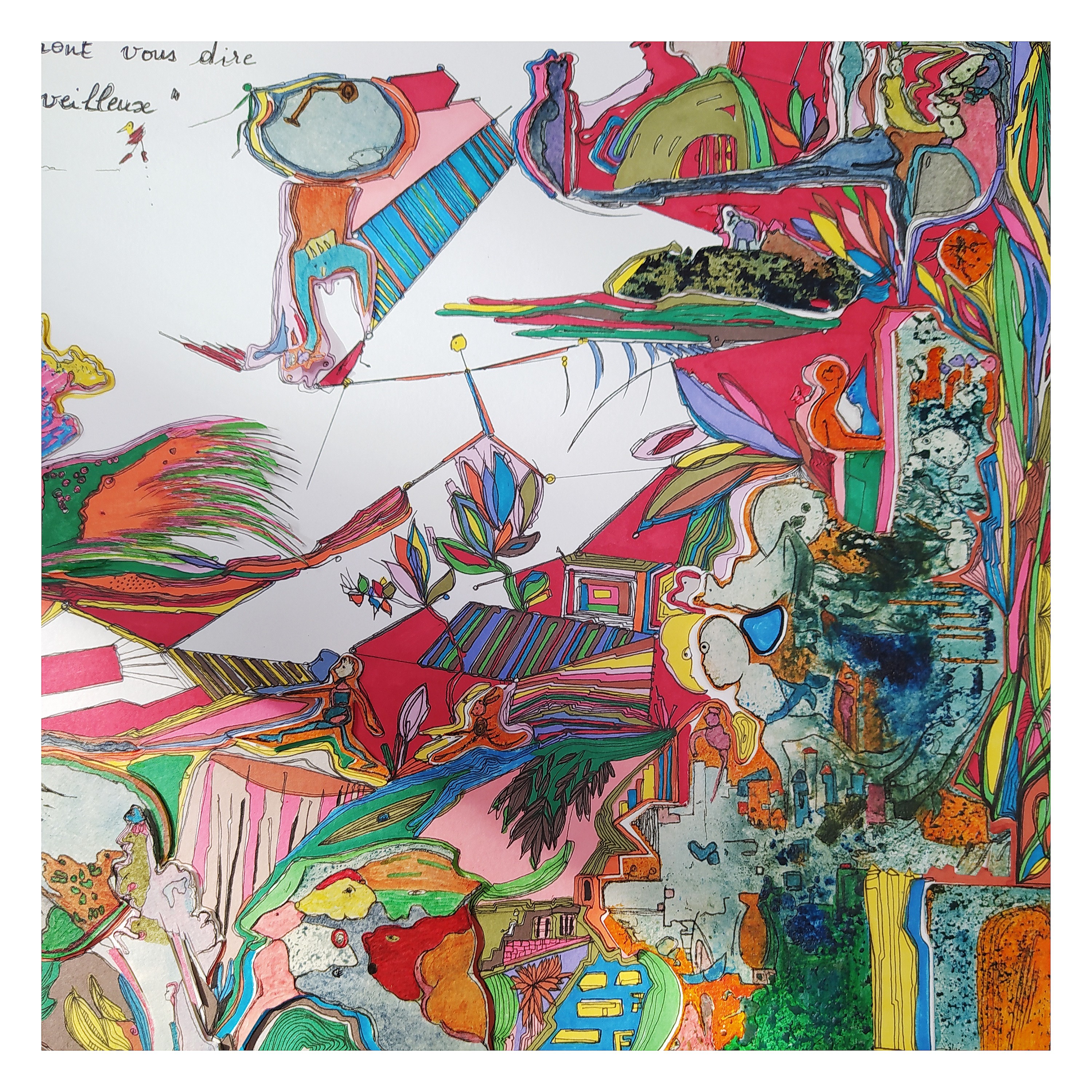 A colorful drawing of a group of people in a room.