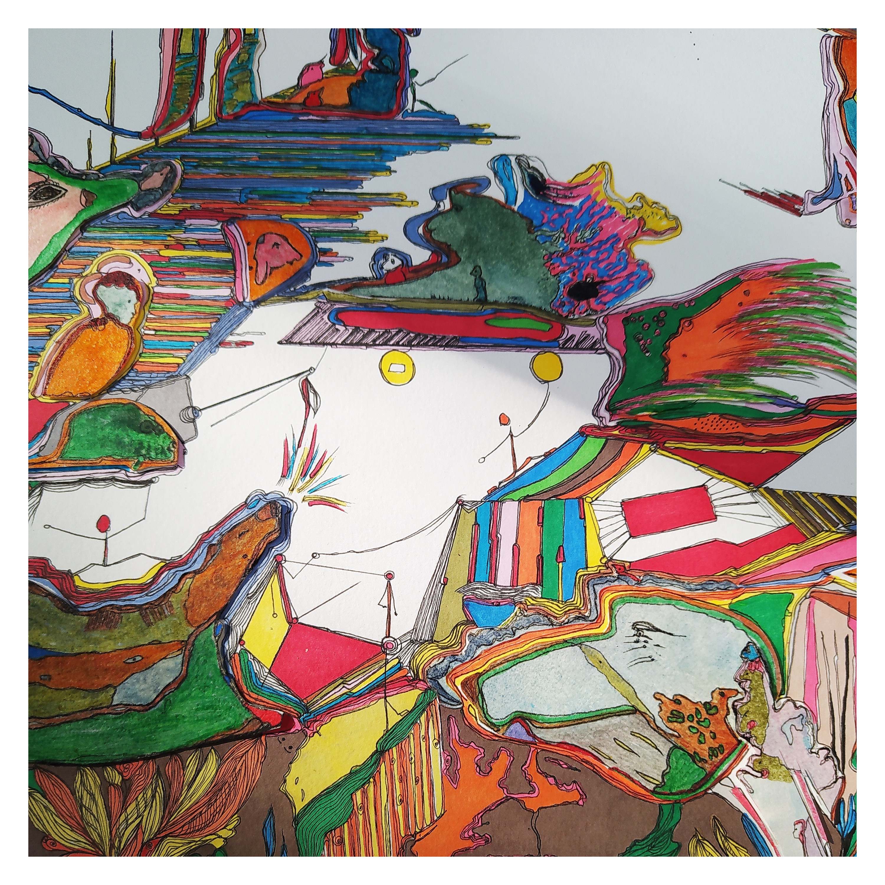 A colorful drawing of a group of people in a room.