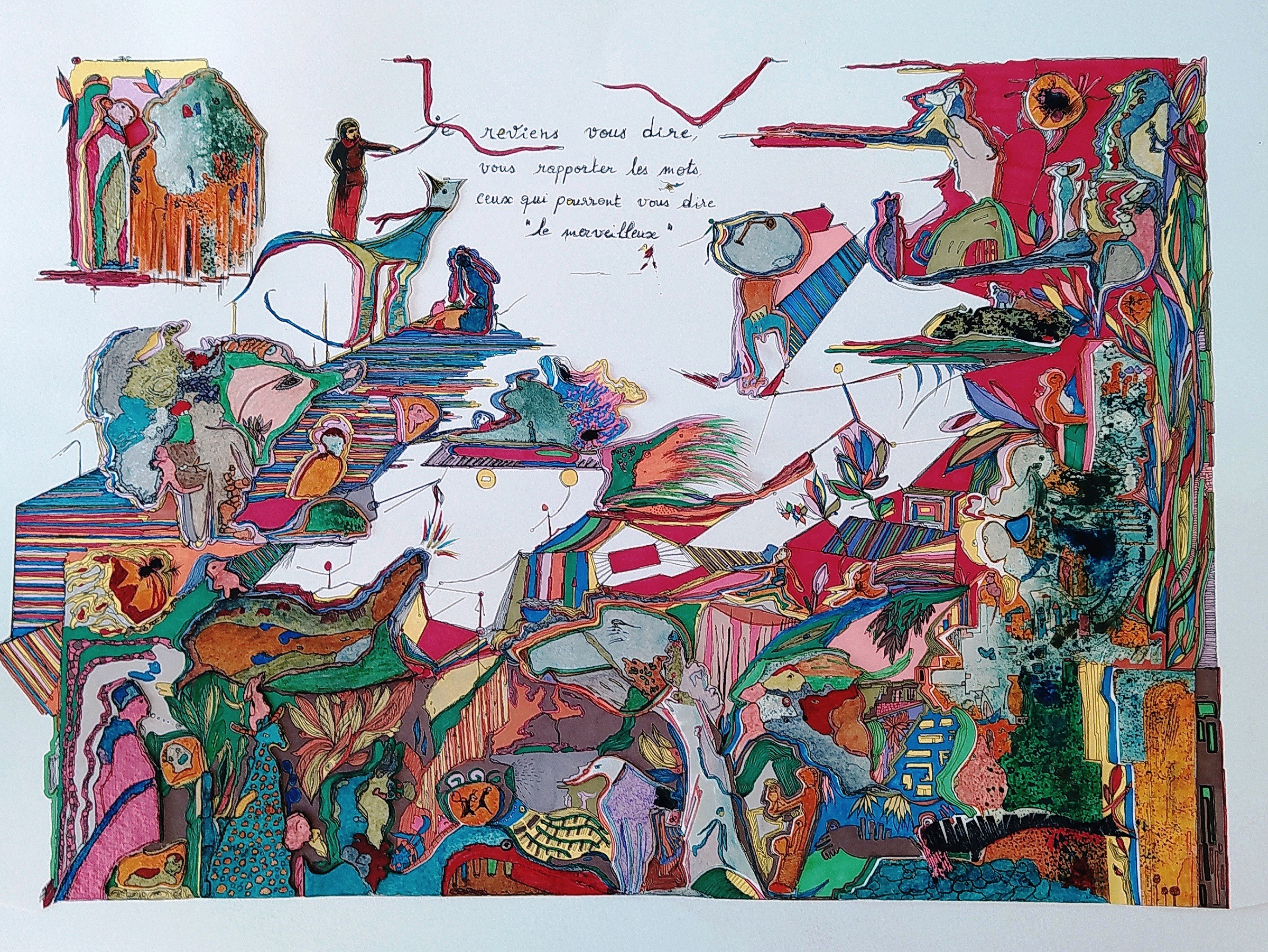 A colorful drawing of a group of people in a room.