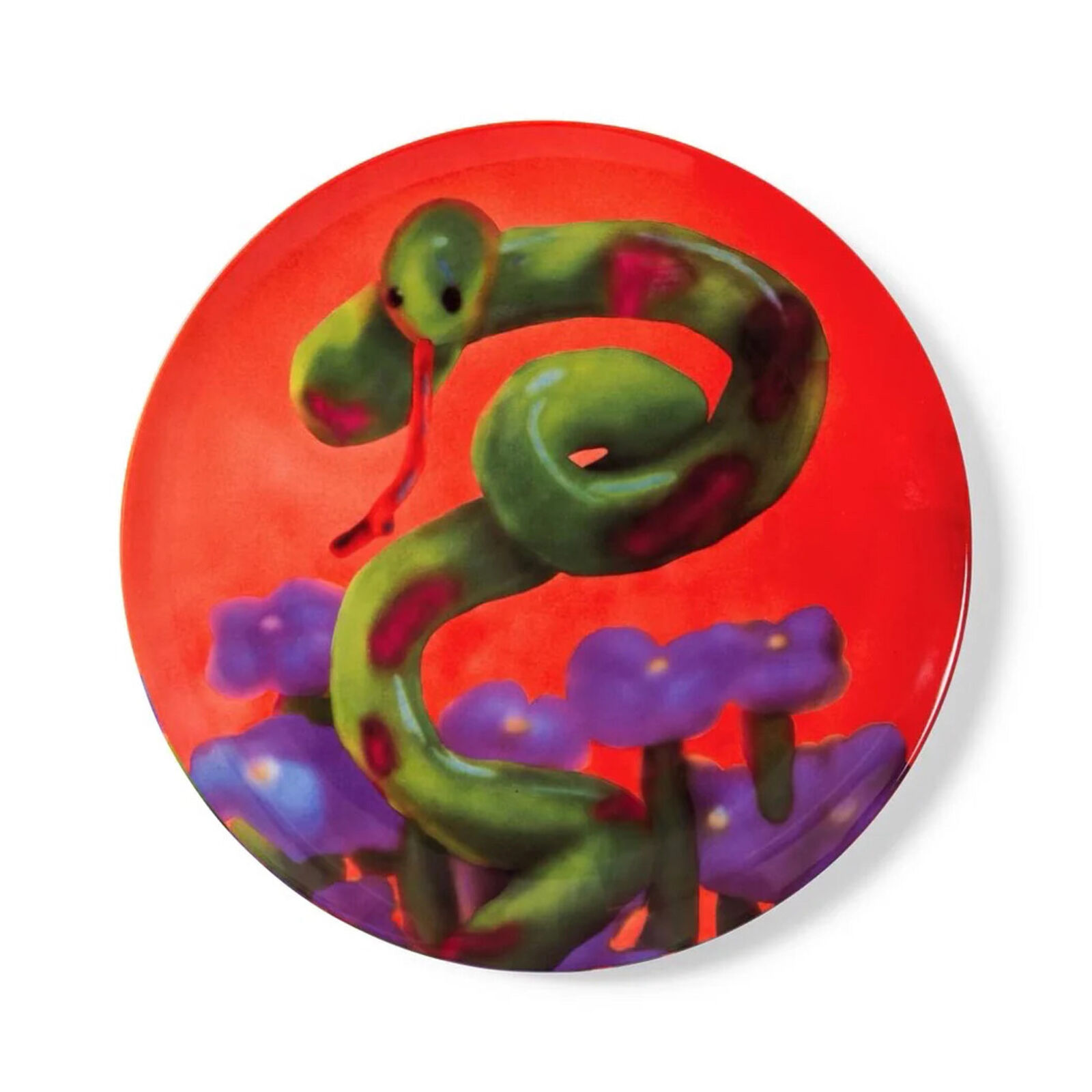A painting of a green snake on a red background.