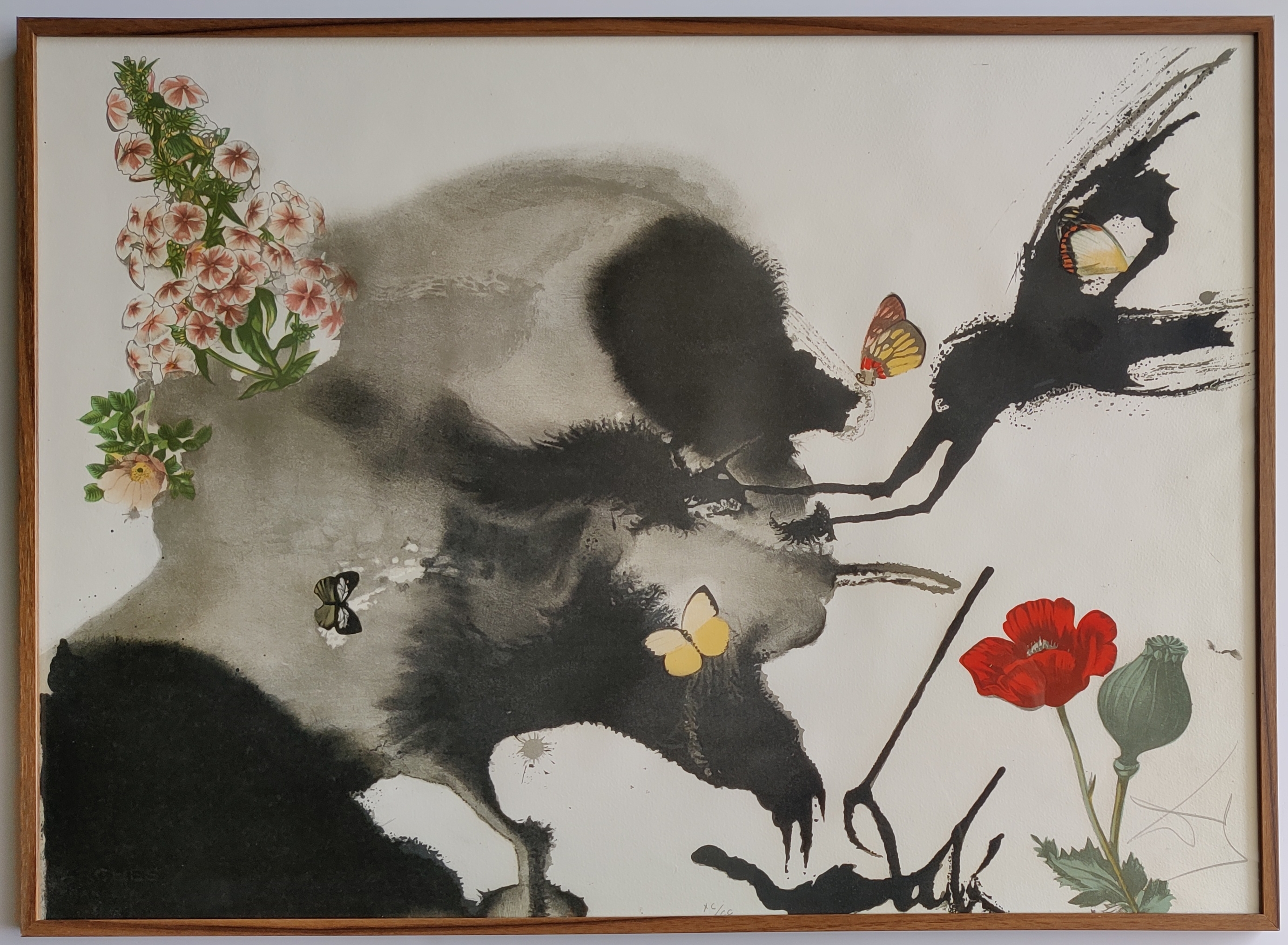 A painting of a skull with flowers and butterflies.