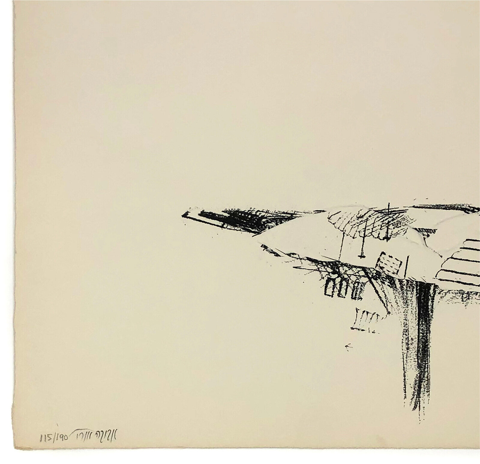 A minimalist ink sketch of a distant cityscape on a vast, empty background.