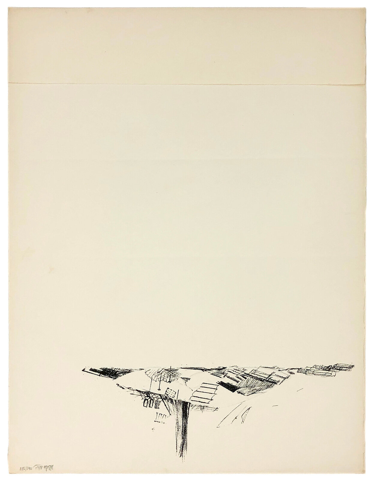 A minimalist ink sketch of a distant cityscape on a vast, empty background.