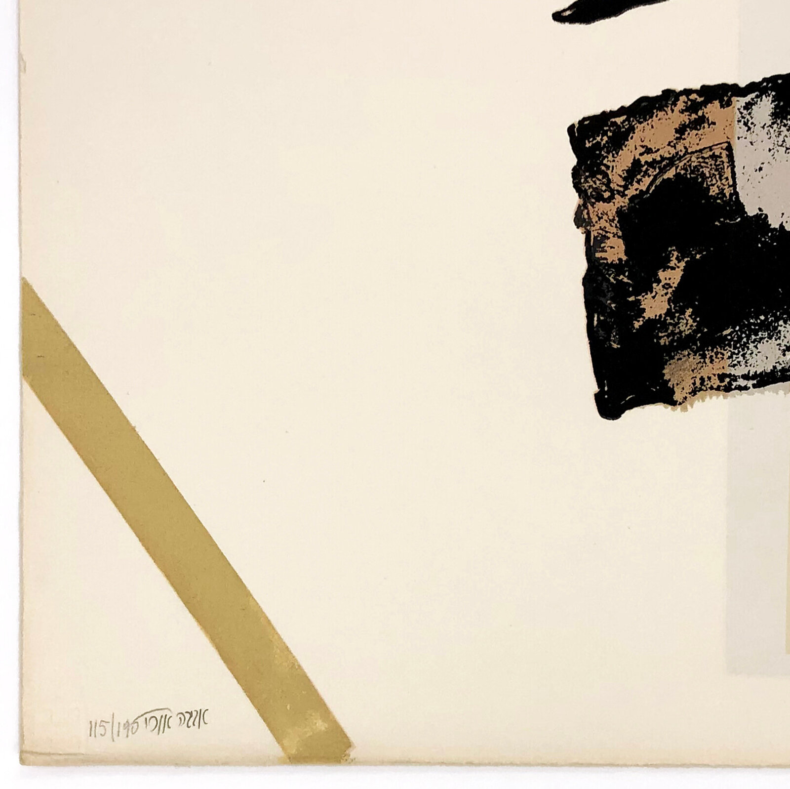 A bold abstract composition featuring a large black mass against a cream background with textured collage elements.