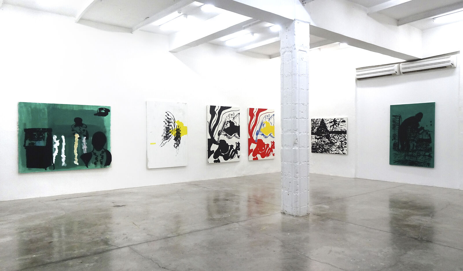 A painting of a person standing in front of a telephone booth.