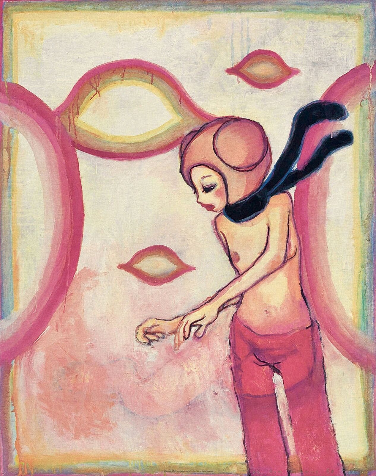 A painting of a woman in a pink outfit with a pink hat.