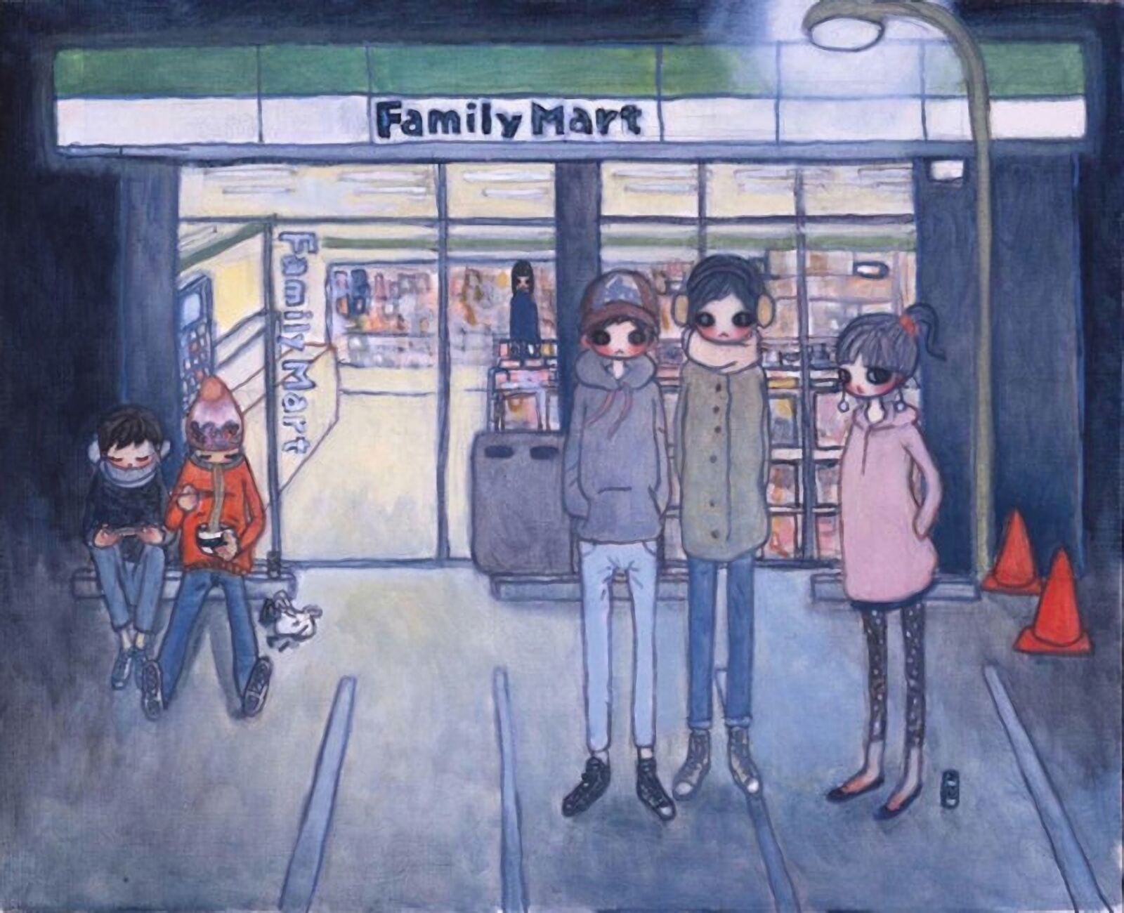 A painting of a family standing in front of a store.