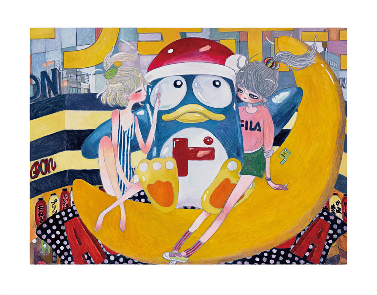 A painting of a penguin with two girls sitting on the moon.