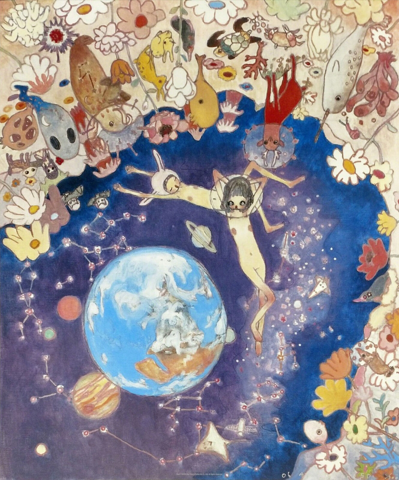 A painting of a woman floating in space surrounded by animals and flowers.