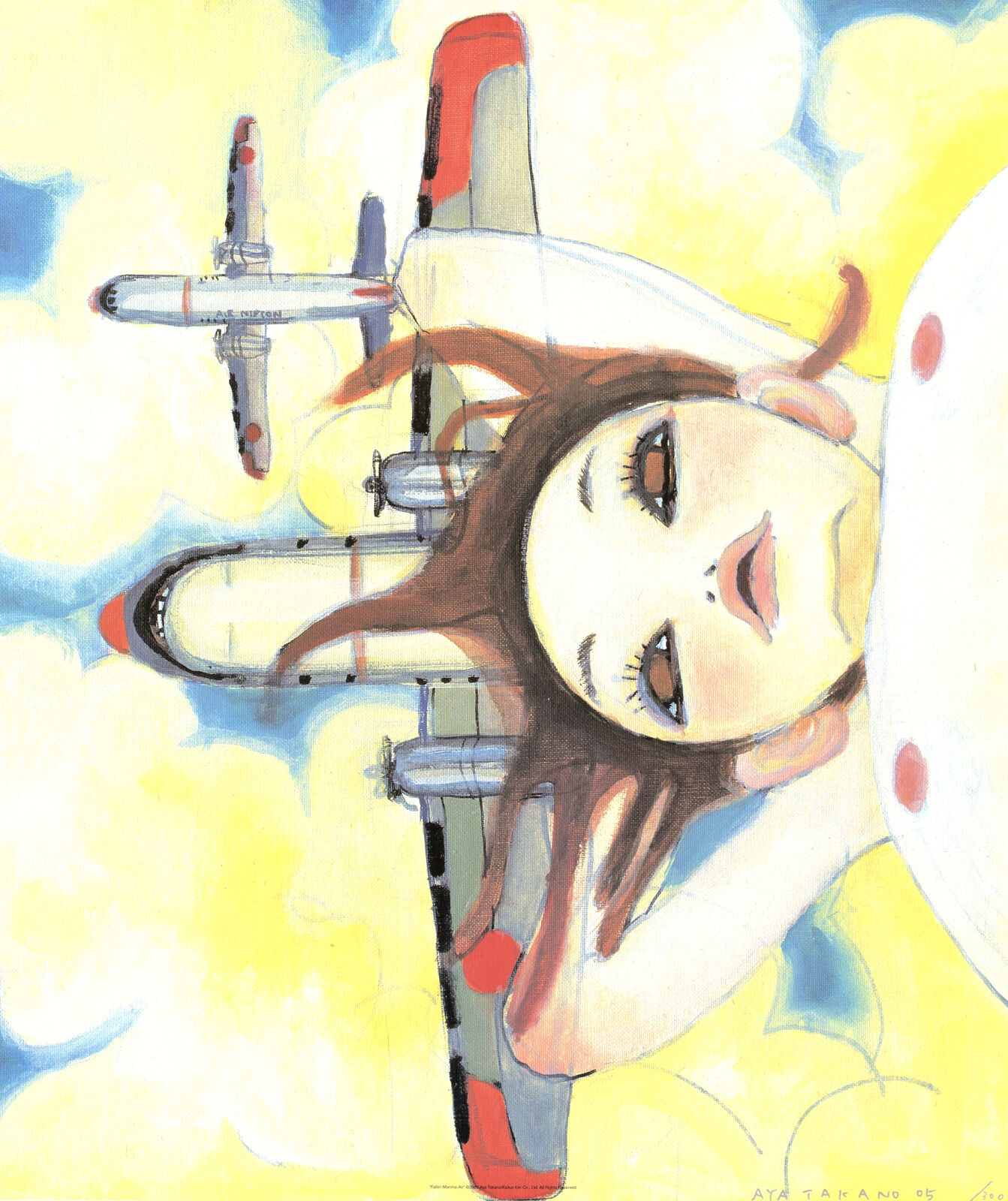 A drawing of a girl with a plane in the sky.