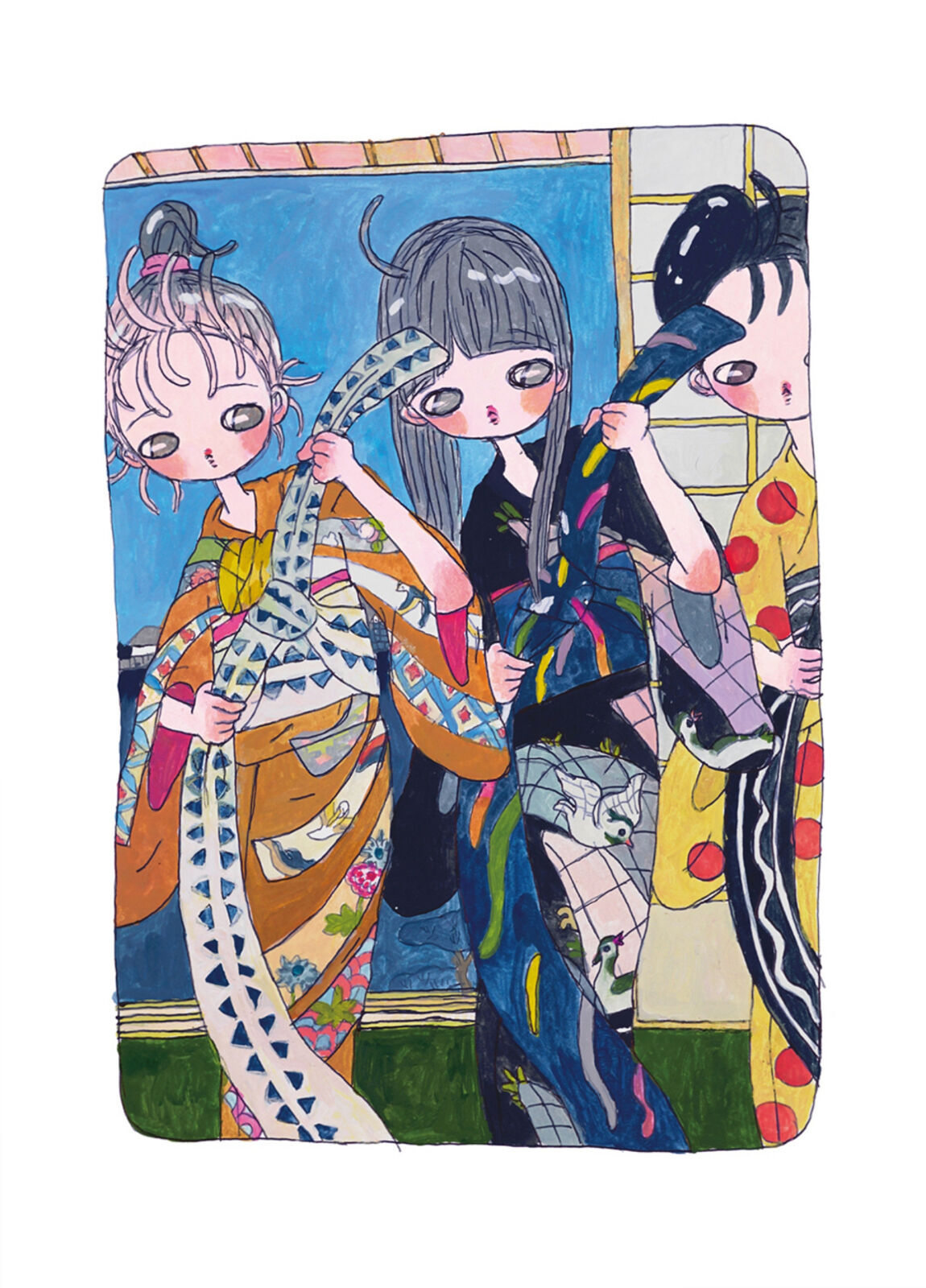 A drawing of three girls in kimono holding a snake.