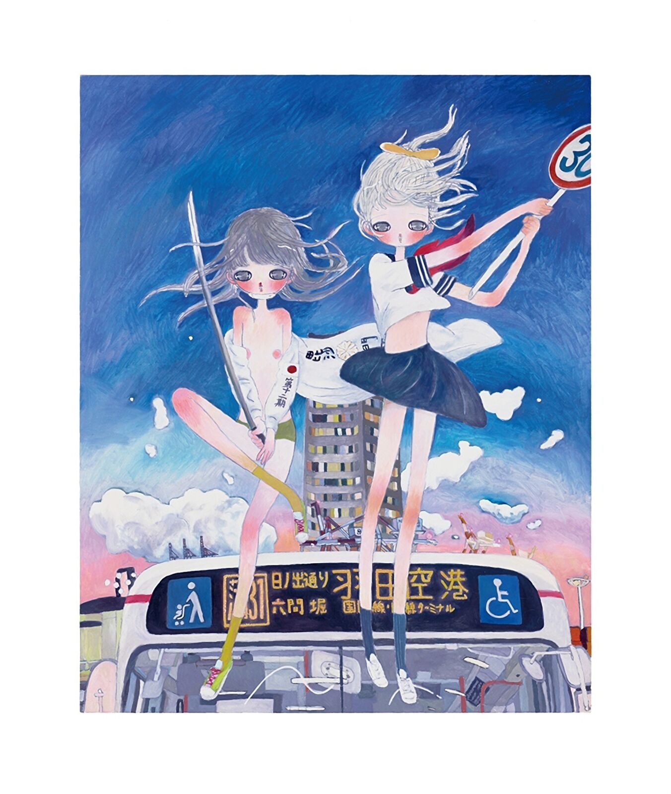 A painting of two girls standing on top of a bus.