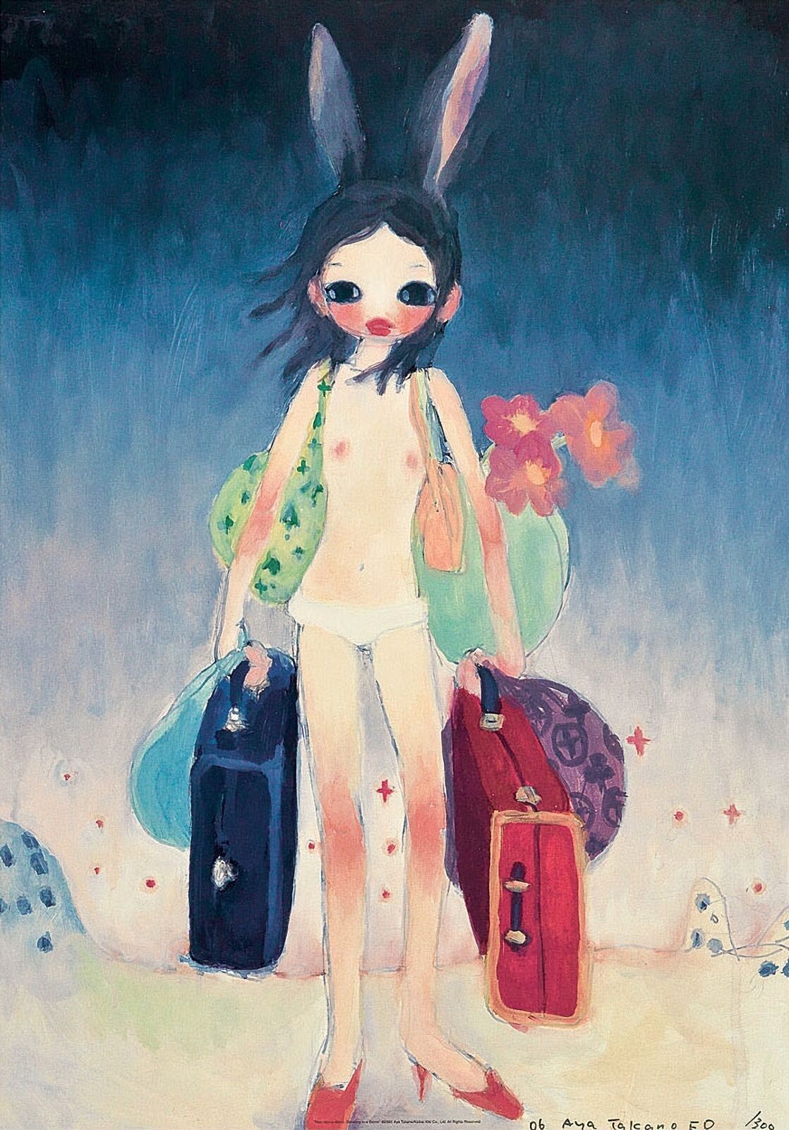 A painting of a girl in a bunny costume holding two suitcases.