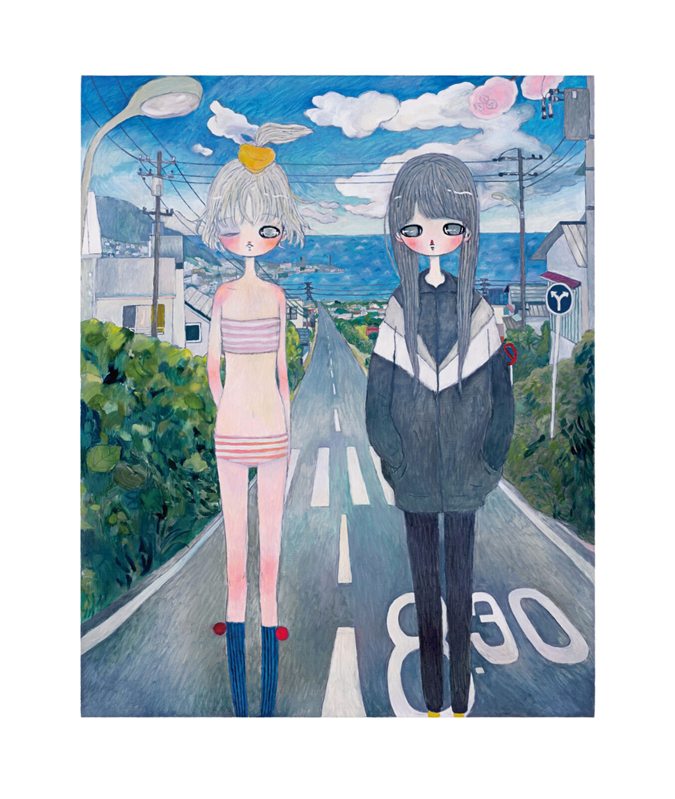 A painting of two girls standing on the side of a road.