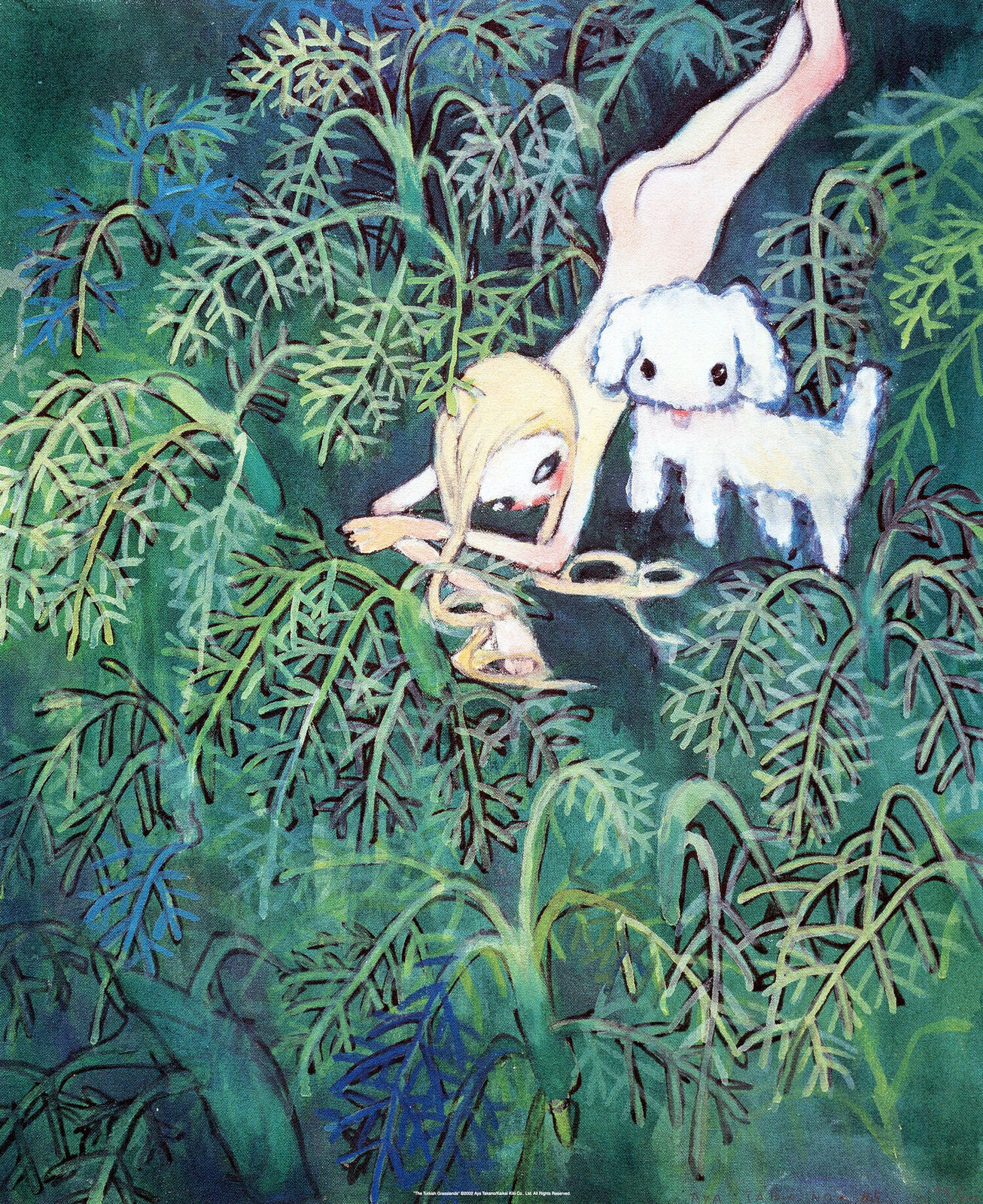 A painting of a girl and a dog in a tree.